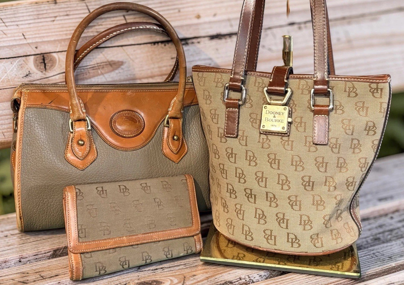 Dooney Bourke Bundle Lot Leather Bags Beige Brown DB Logo Tote Satchel Wallet