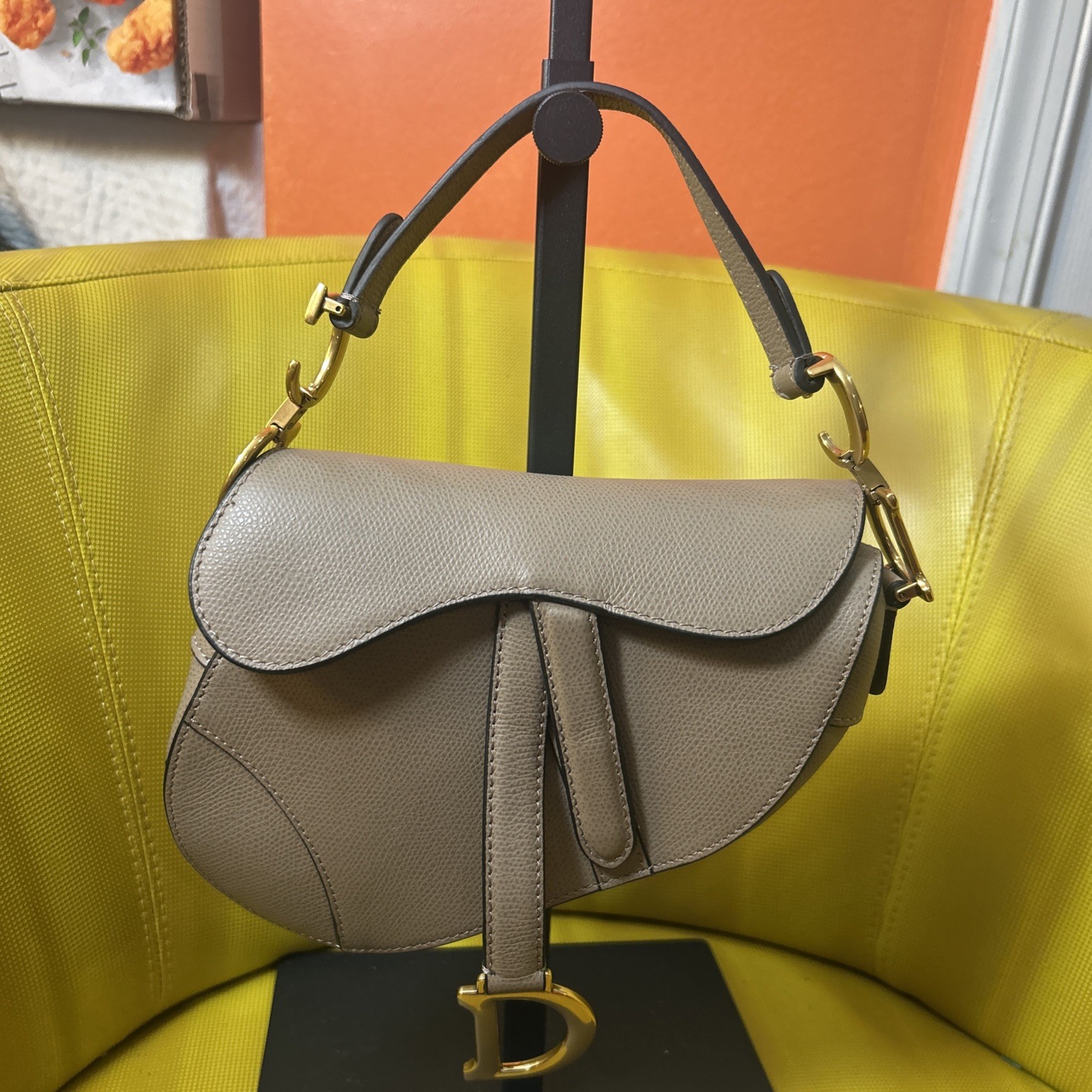 Christian Dior Saddle Bag w/ Strap Olive Taupe Grained Calfskin Brand NEW