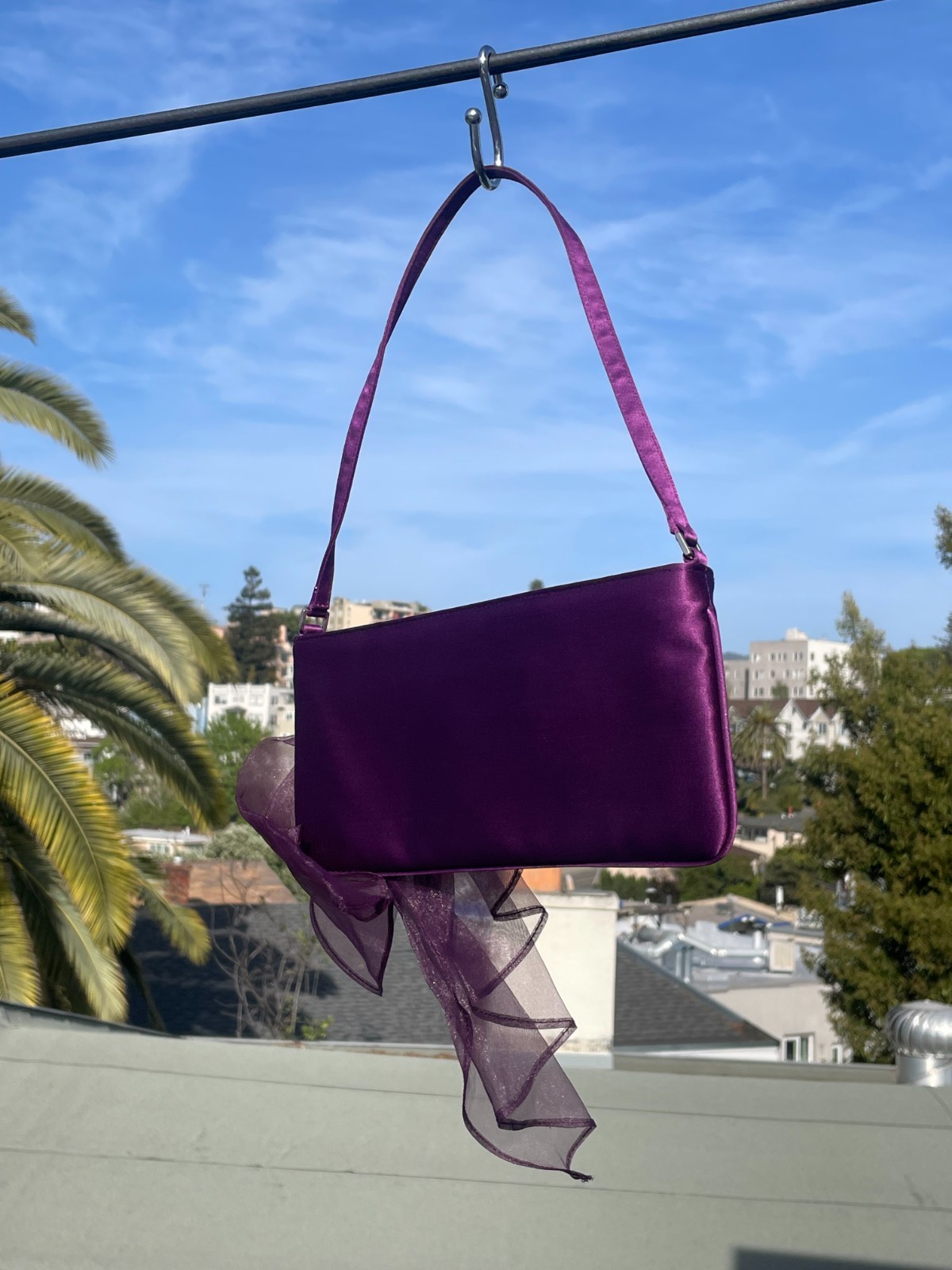 Vintage Nordstrom Purple Satin Shoulder Bag w/ Sheer Organza Bow Y2K Evening Bag