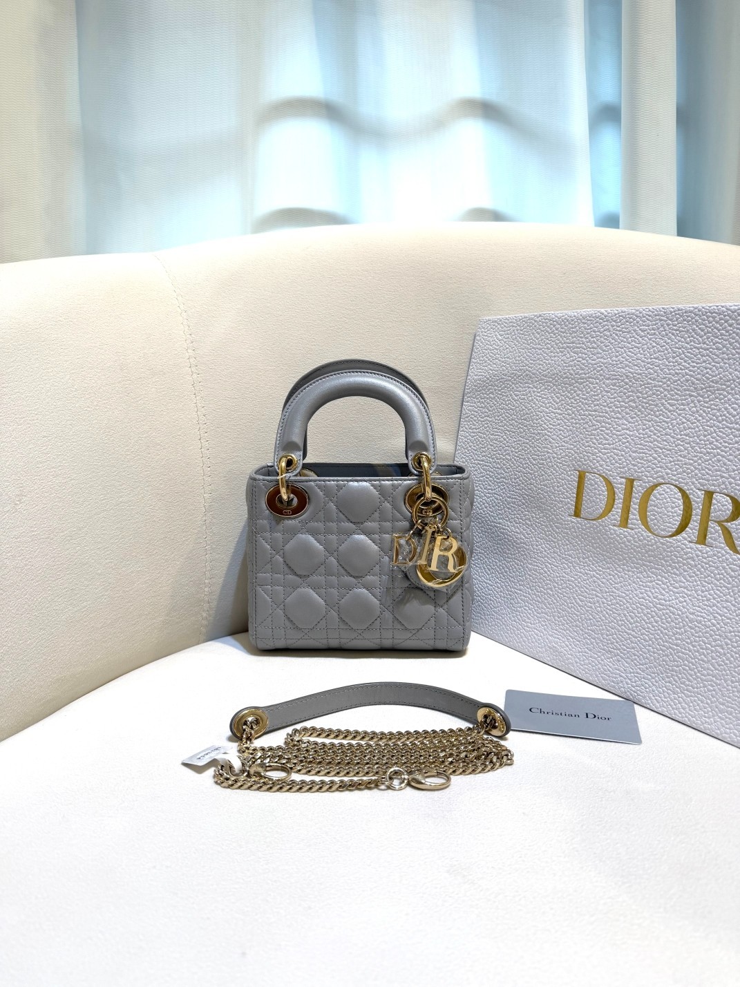 Dior Lady Ditcham 3-quilt pearl grey with gold-tone hardware