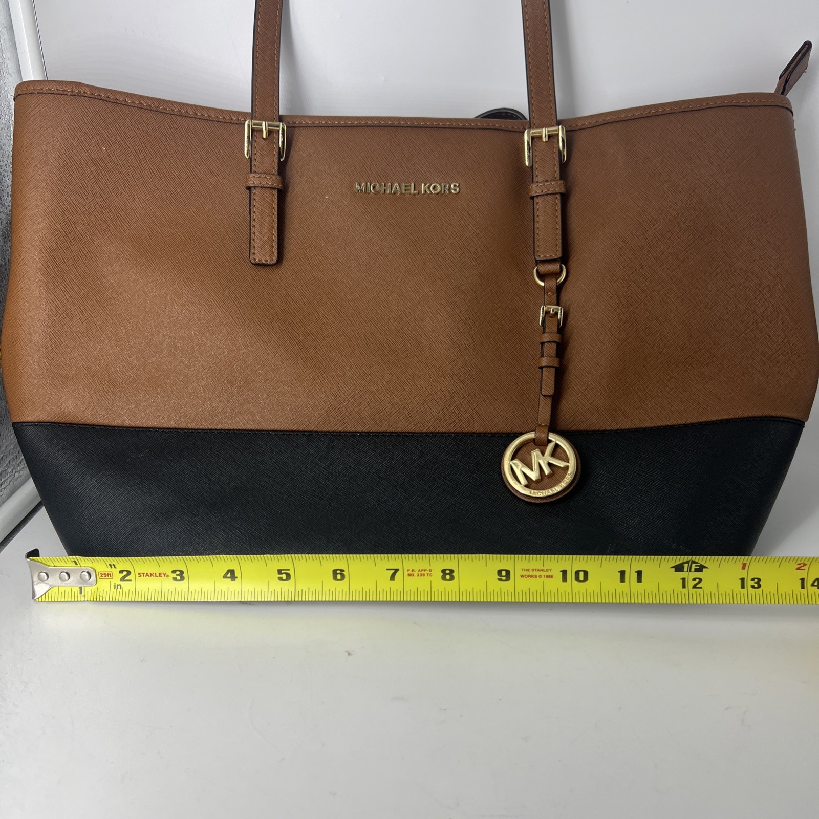 Michael Kors -LEATHER Brown w/ Black, gold Jet Set Travel TOTE see description