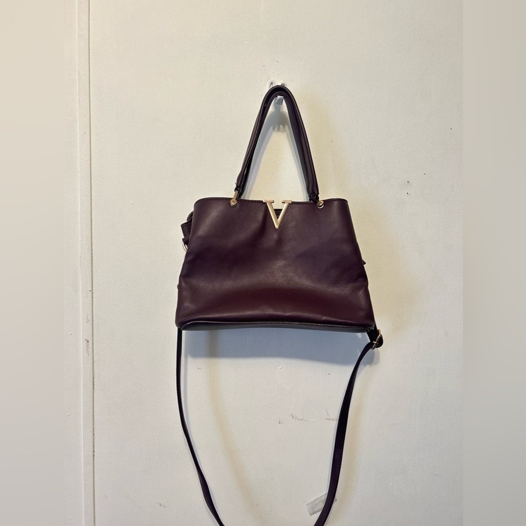 Burgundy Satchel Bag Gold V Top Handle Crossbody Strap Minimalist Purse Maroon