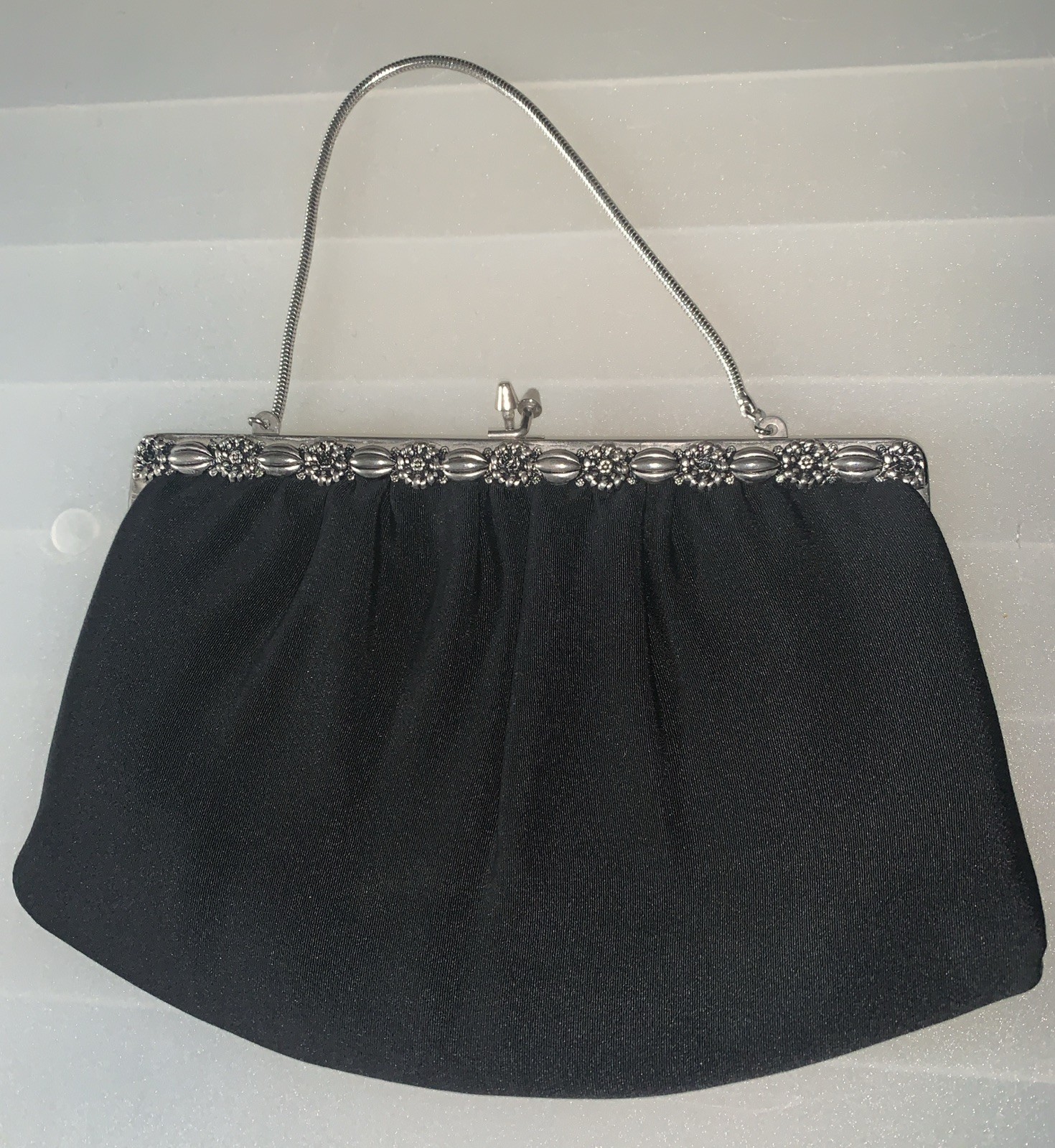 Black Taffeta Evening Clutch Metal Flowers Chain Handle Vintage