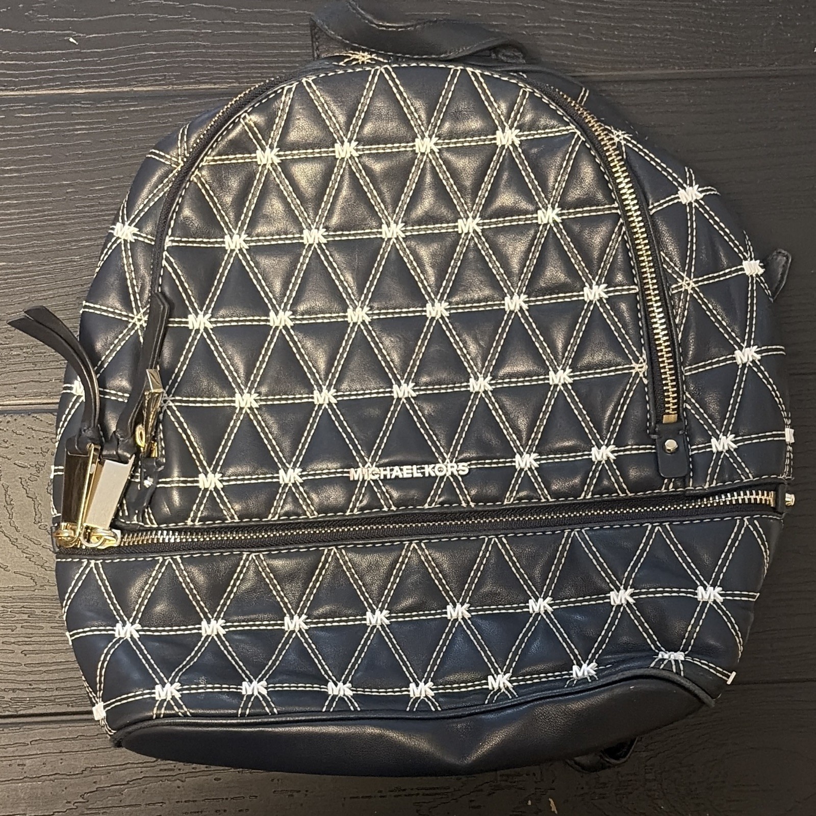 Michael Kors Navy Quilted Backpack Zip Gold Hardware Detachable Adjustable Strap
