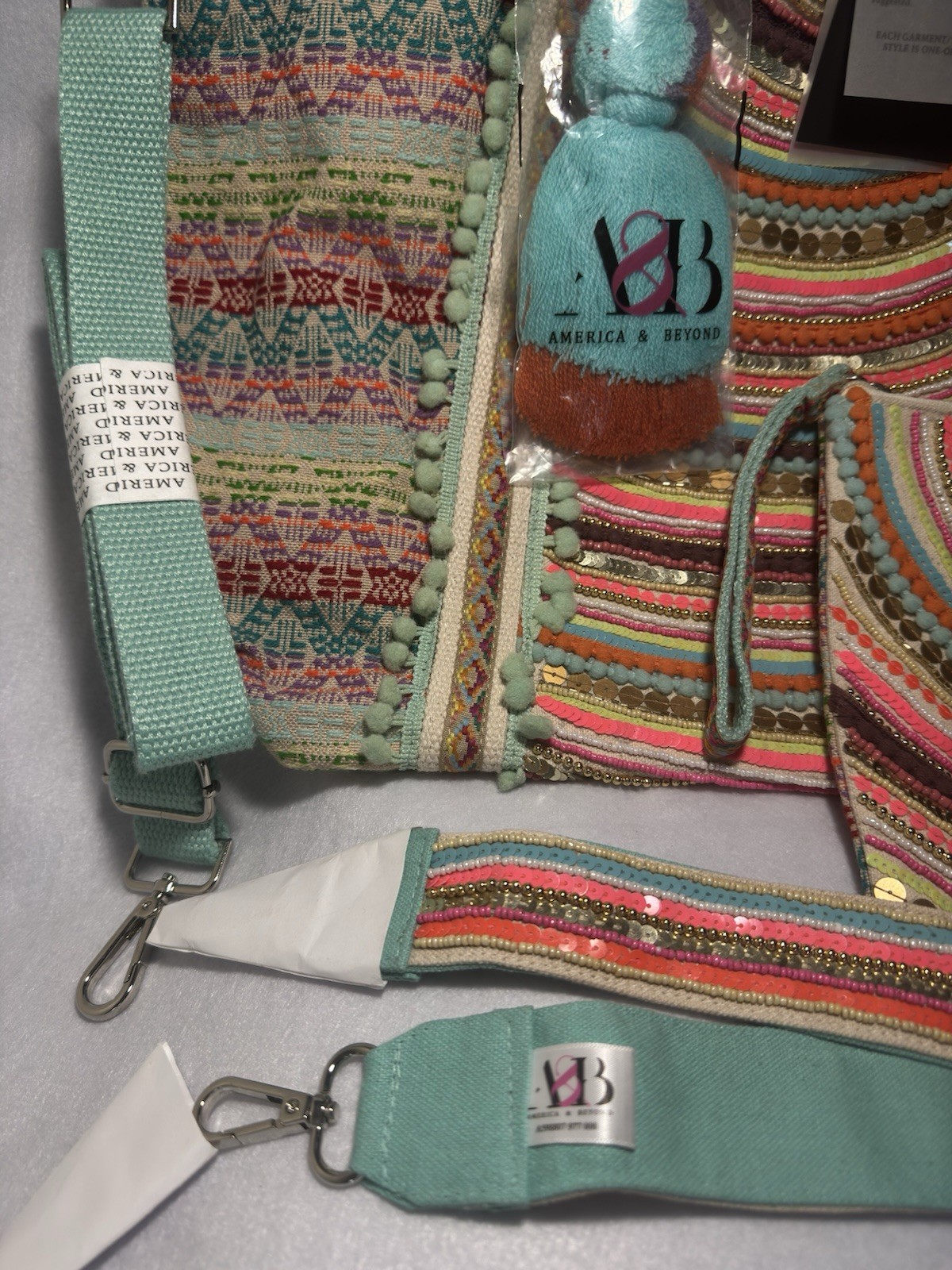 NWT America & Beyond Beaded Embroidered Rainbow Embellished Tote Bags Set Boho