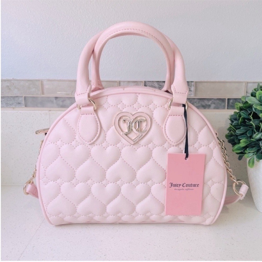NEW Juicy Couture Pink Heart Quilted Satchel Crossbody Bag Rhinestone JC Logo