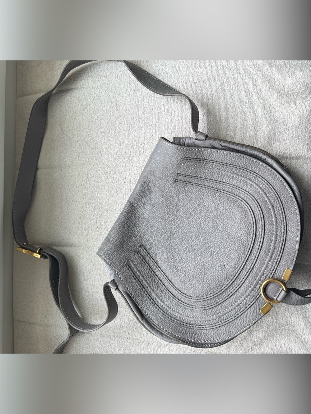 Chloe Marcie Medium Gray Pebbled Leather Crossbody Saddle Bag with Gold Hardware