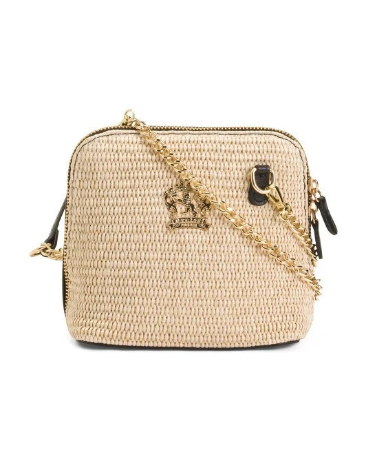 NWT PRATESI Black Leather/Rafia Melina Handbag Chain/Crossbody/ Zip