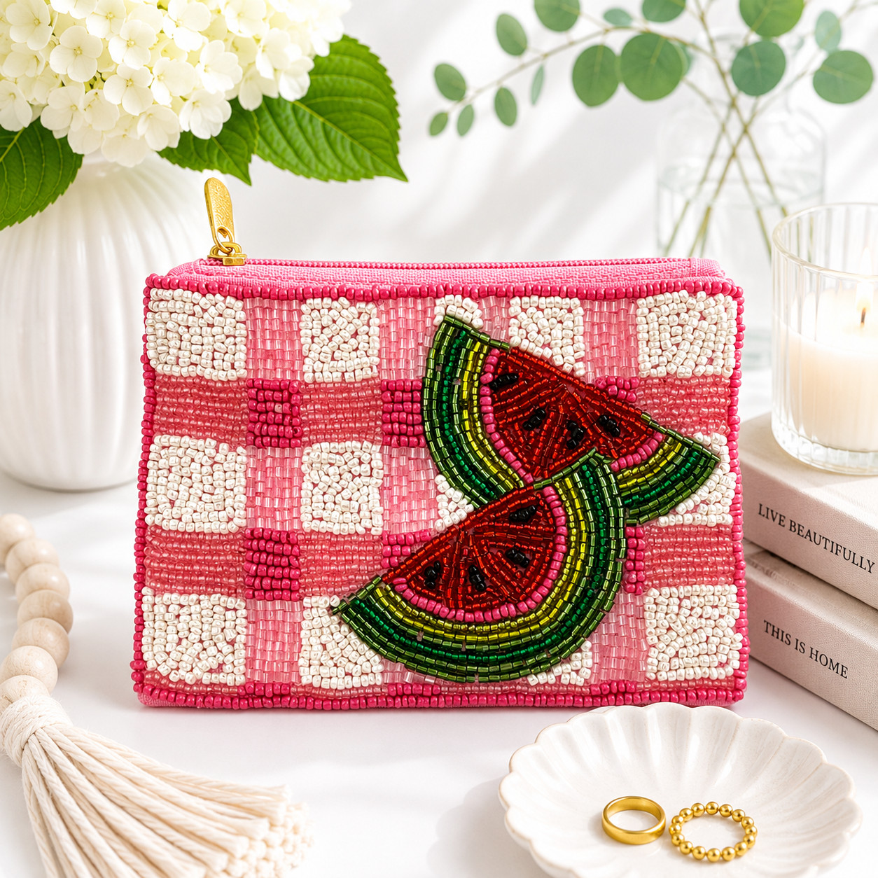 Handmade Watermelon Seed Beaded Coin Purse Pink Gingham Zip Wallet New 5″ x 4″