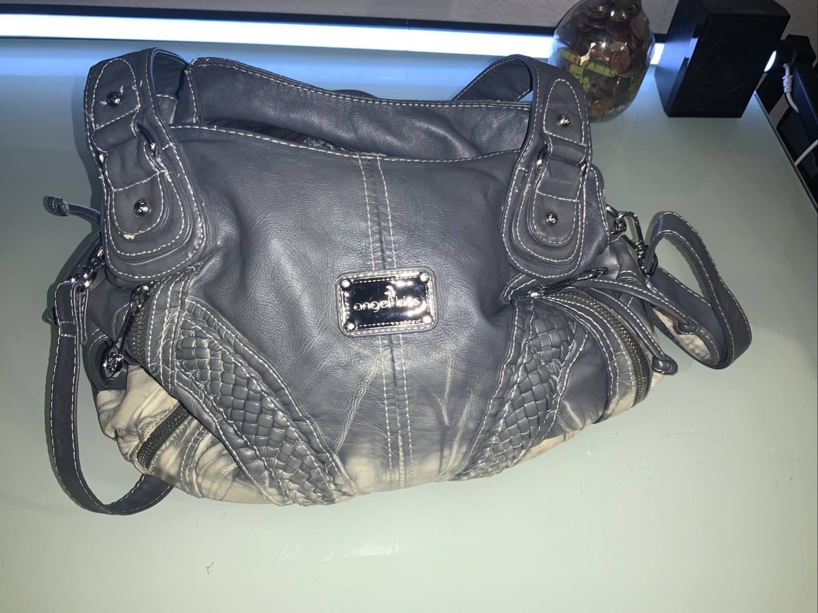 Angel Kiss Large Handbag Deep Gray Marbled Faux Leather Shoulder Carry Purse