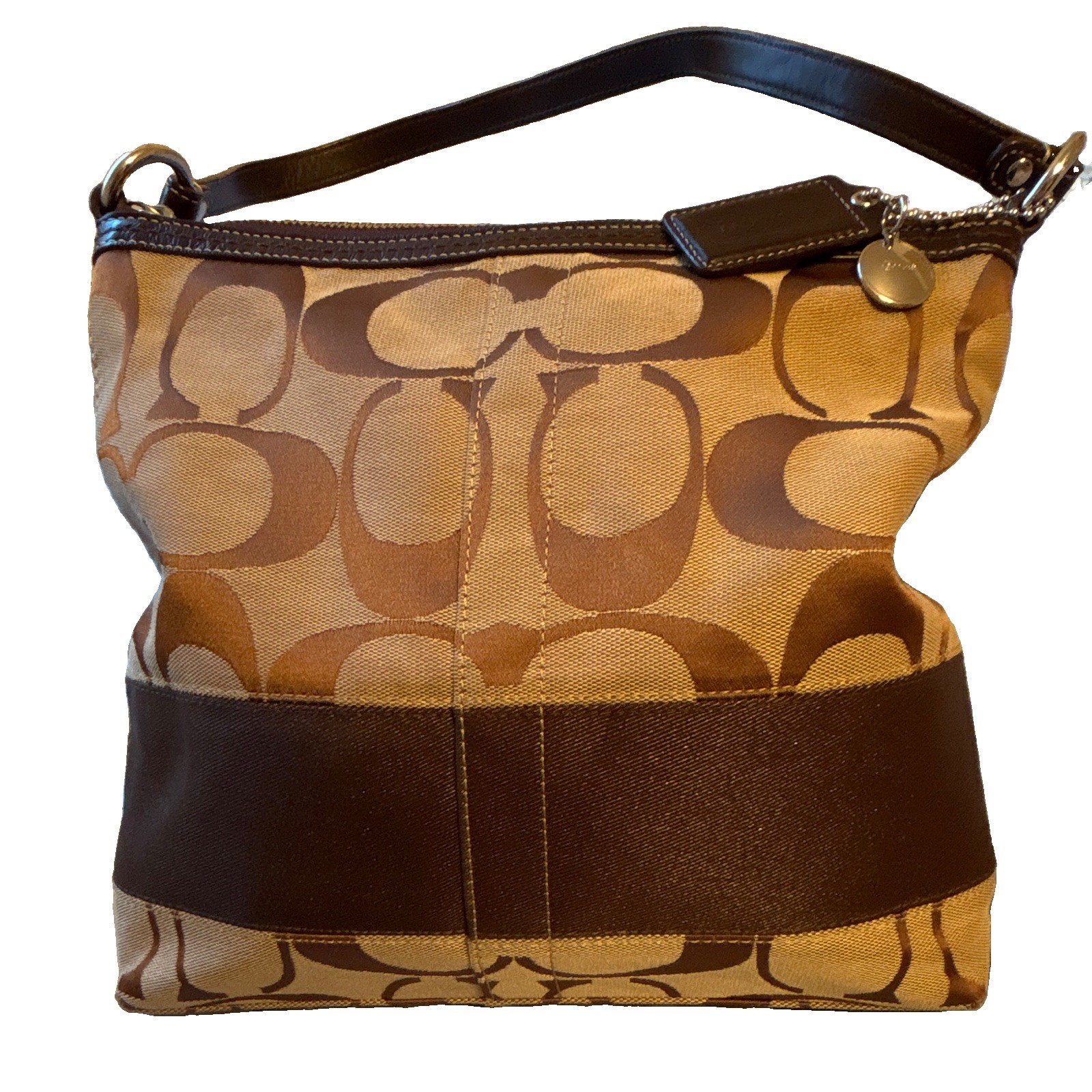 Coach Signature Brown Tan Shoulder Bag Zip Closure Leather Trim Charm Silver