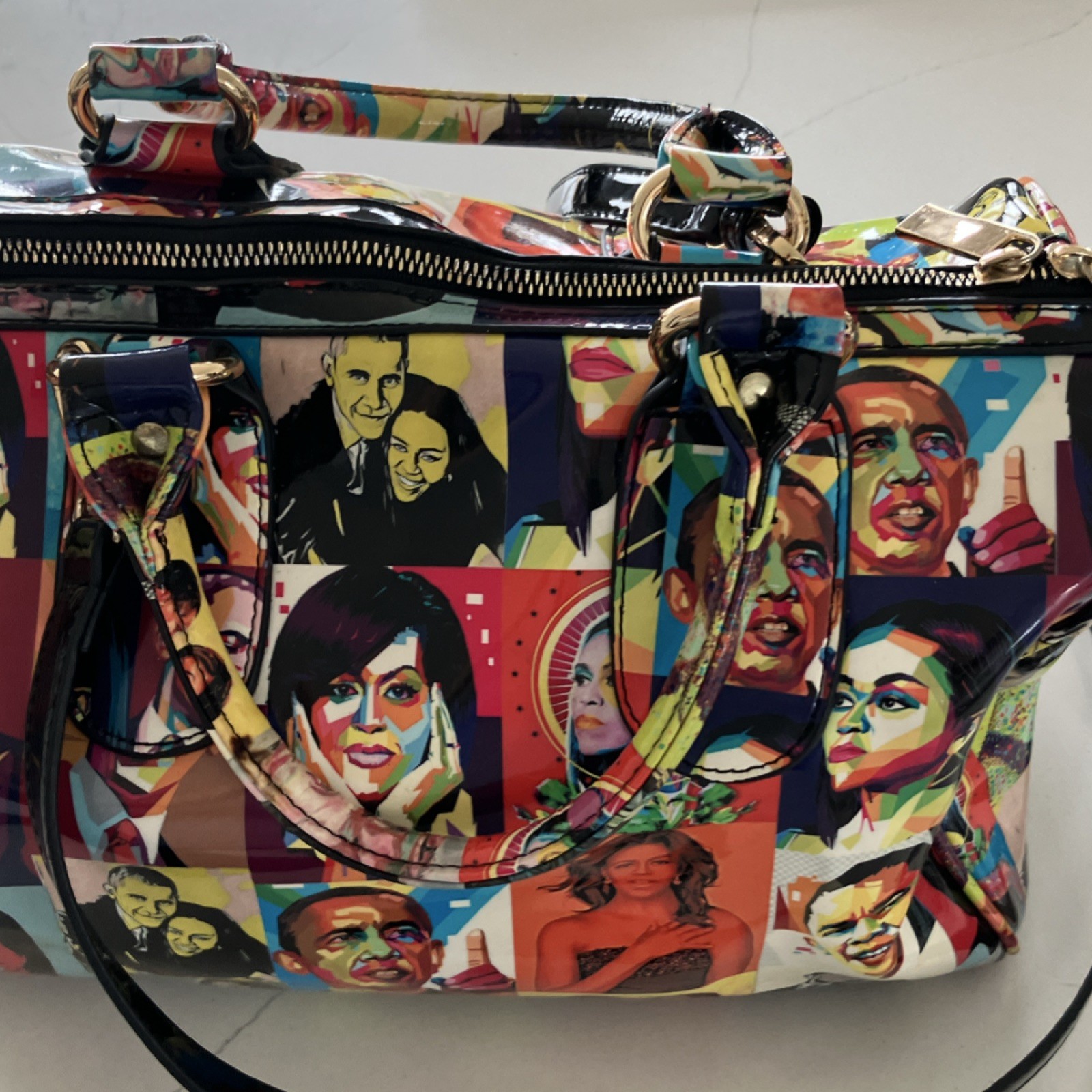 Multicolor Graphic Print Satchel with Gold Hardware & Top Handle for Women