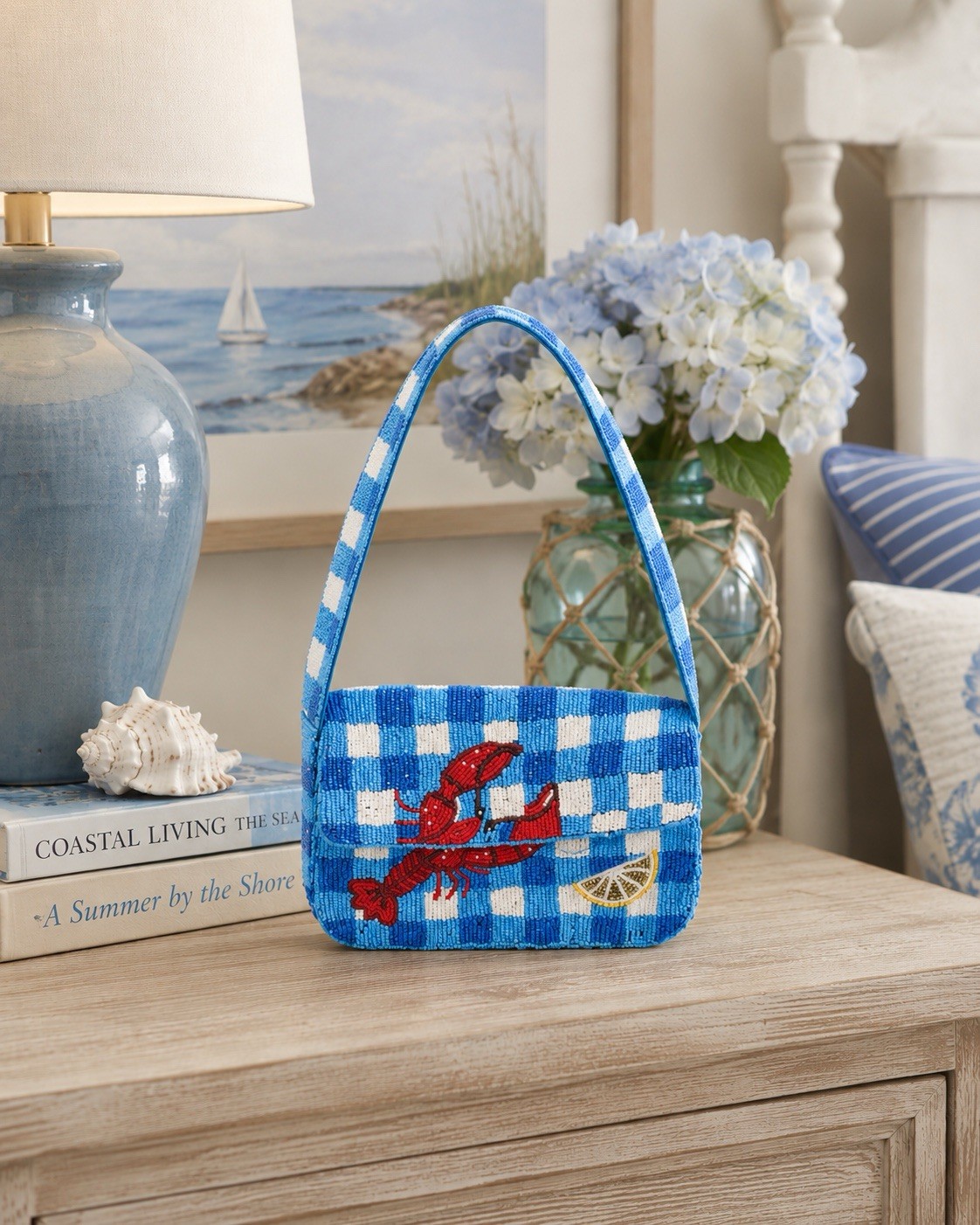 Sol and Mer Beaded Gingham Lobster Shoulder Bag Coastal Beach Purse 9 inch x 5.5