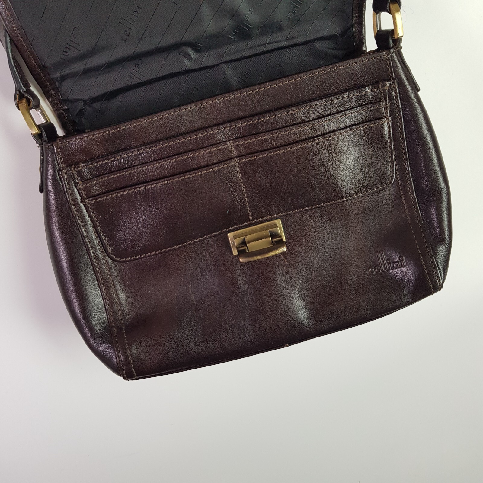 Cellini Leather Small Handbag 19x26cm Brown Gold Shoulder Crossbody Adjustable