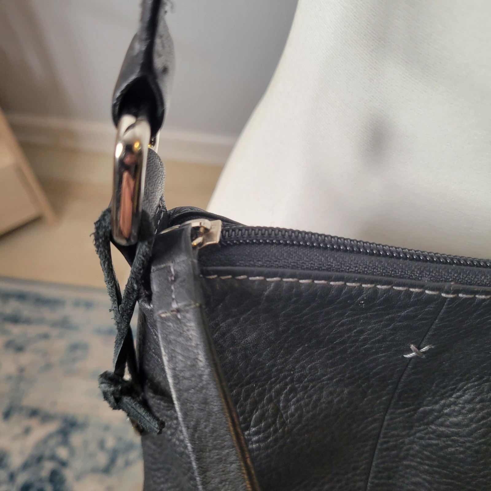 Charter Club Black Genuine Pebbled Leather Crossbody Bag Purse interior pocket