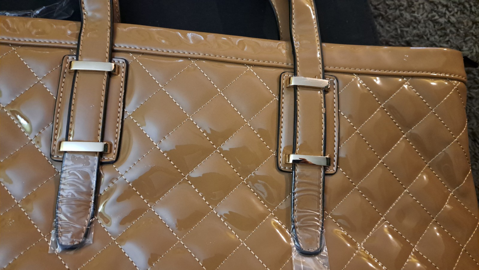 Rimen & Co Beige Quilted Tote Bag Large Zip Top Purple Lined w/ Strap