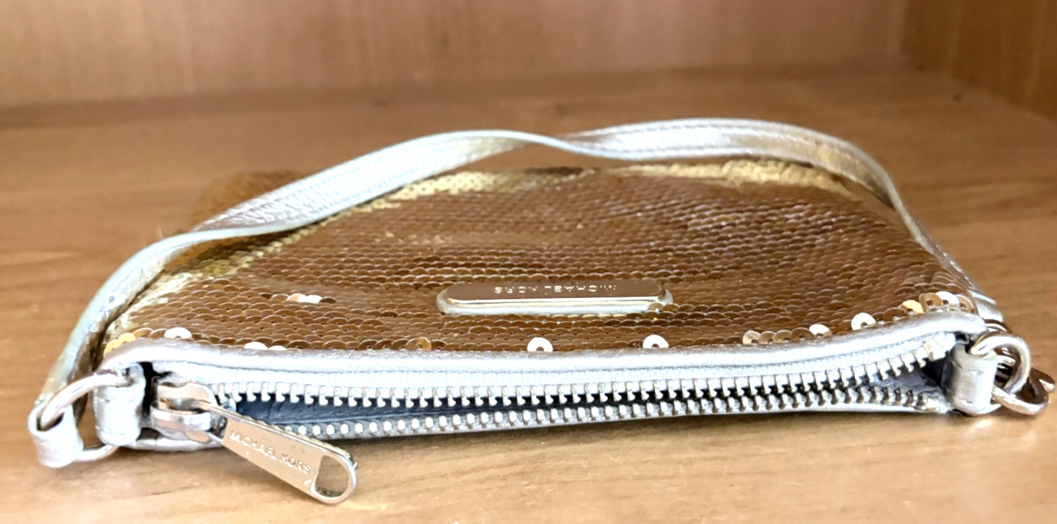Michael Kors Gold Sequined/ Leather Convertible Wristlet Small Purse -excellent