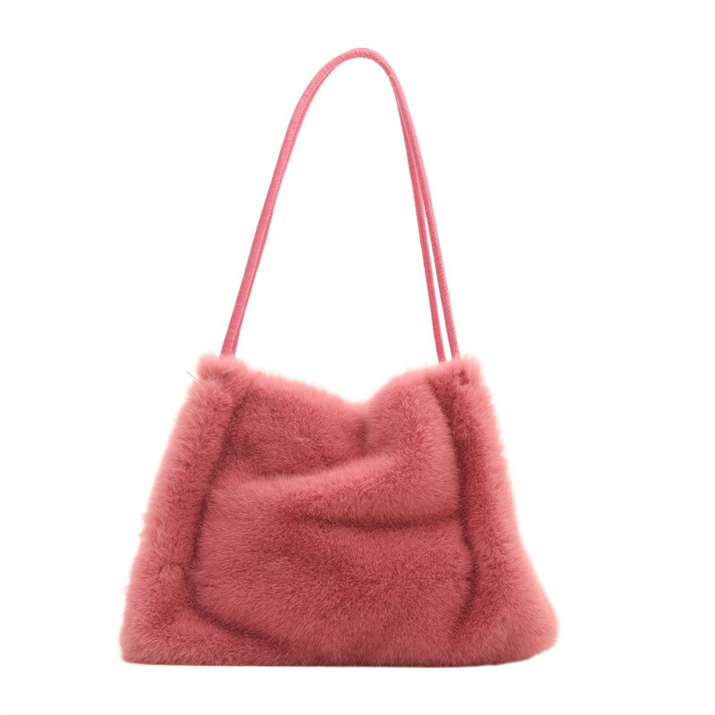 Womens Winter Plush Bag Versatile Furry Shoulder Bag Tote Bag White Black