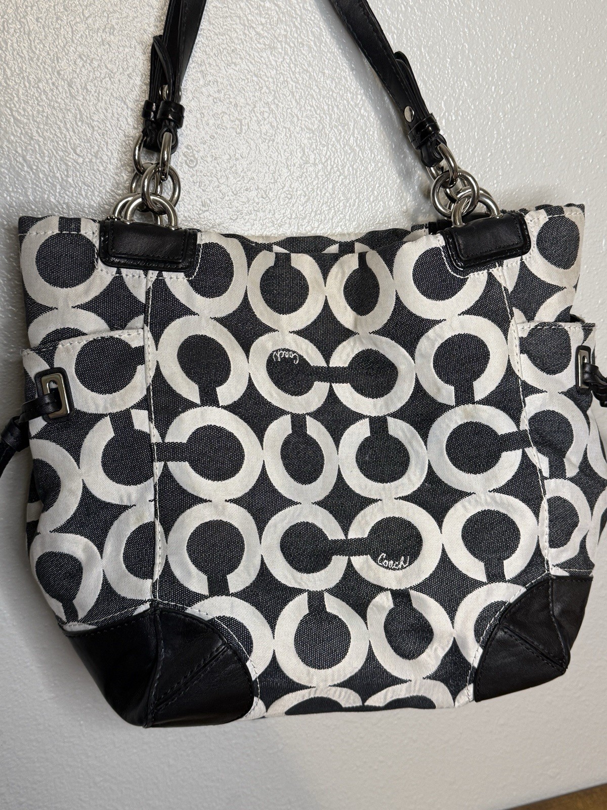 Coach Signature Op Art Draw String Sides Hobo Handbag Black White 14573