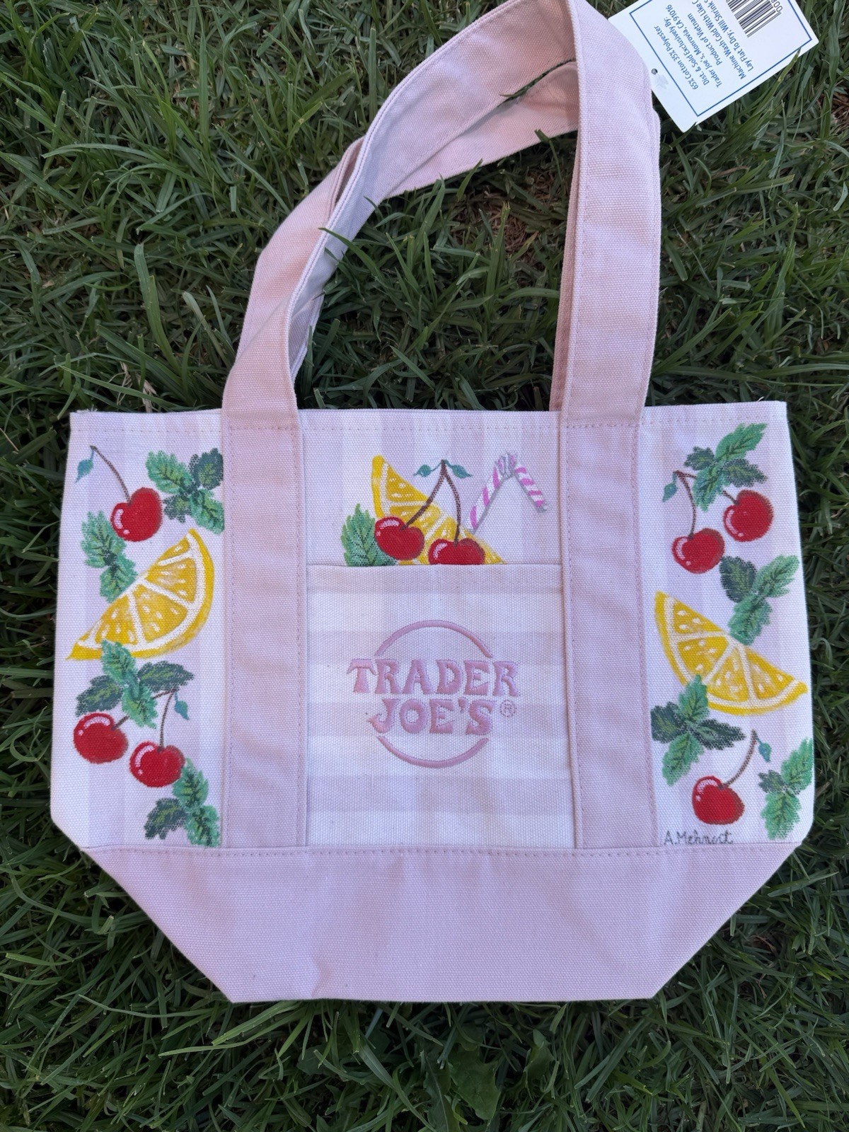 NWT Original hand painted by seller Pink Trader Joe’s Canvas Mini Tote Bag