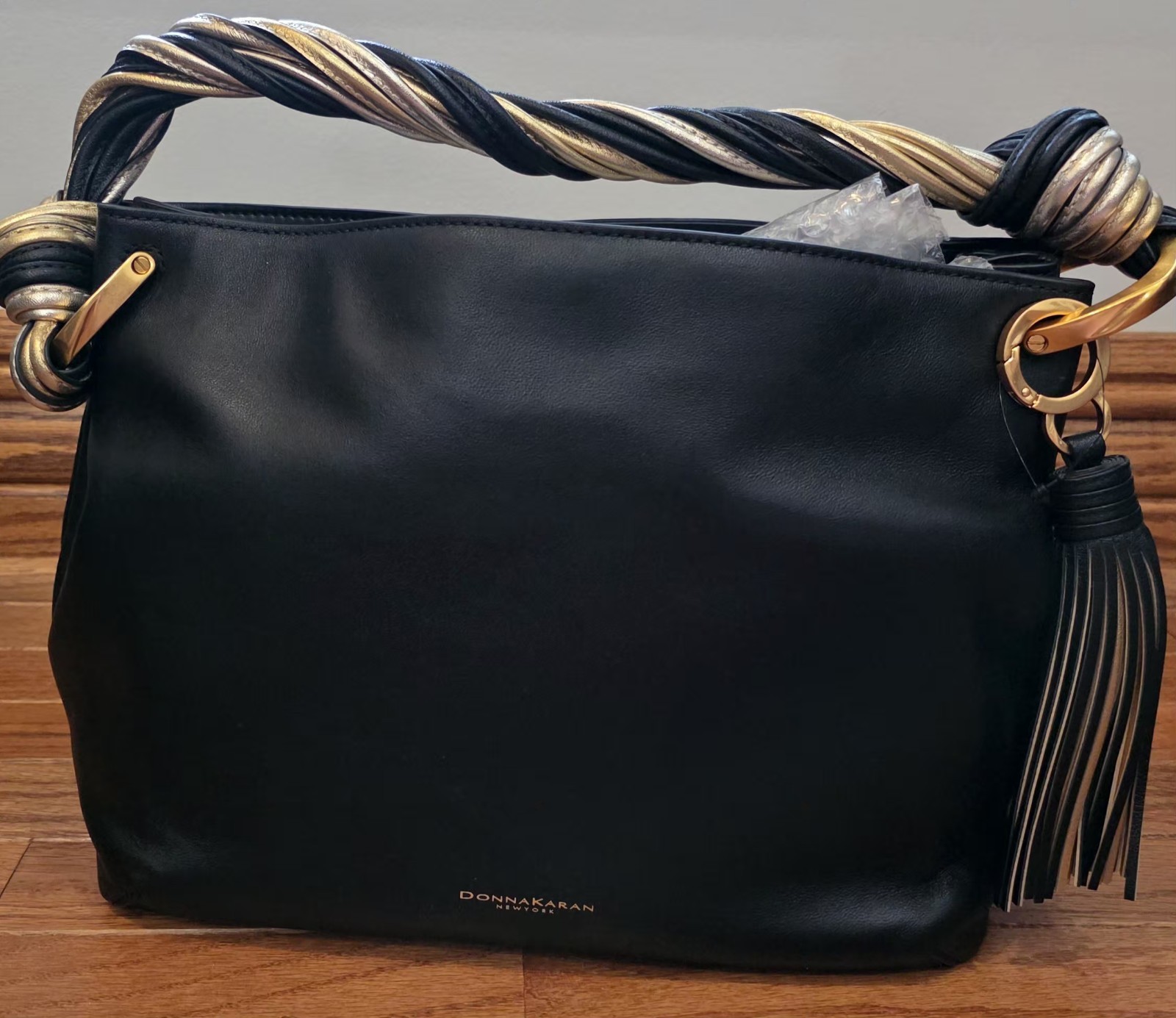 Donna Karan N Y Glenwood Leather Shoulder Bag Tassel Detail Black Gold