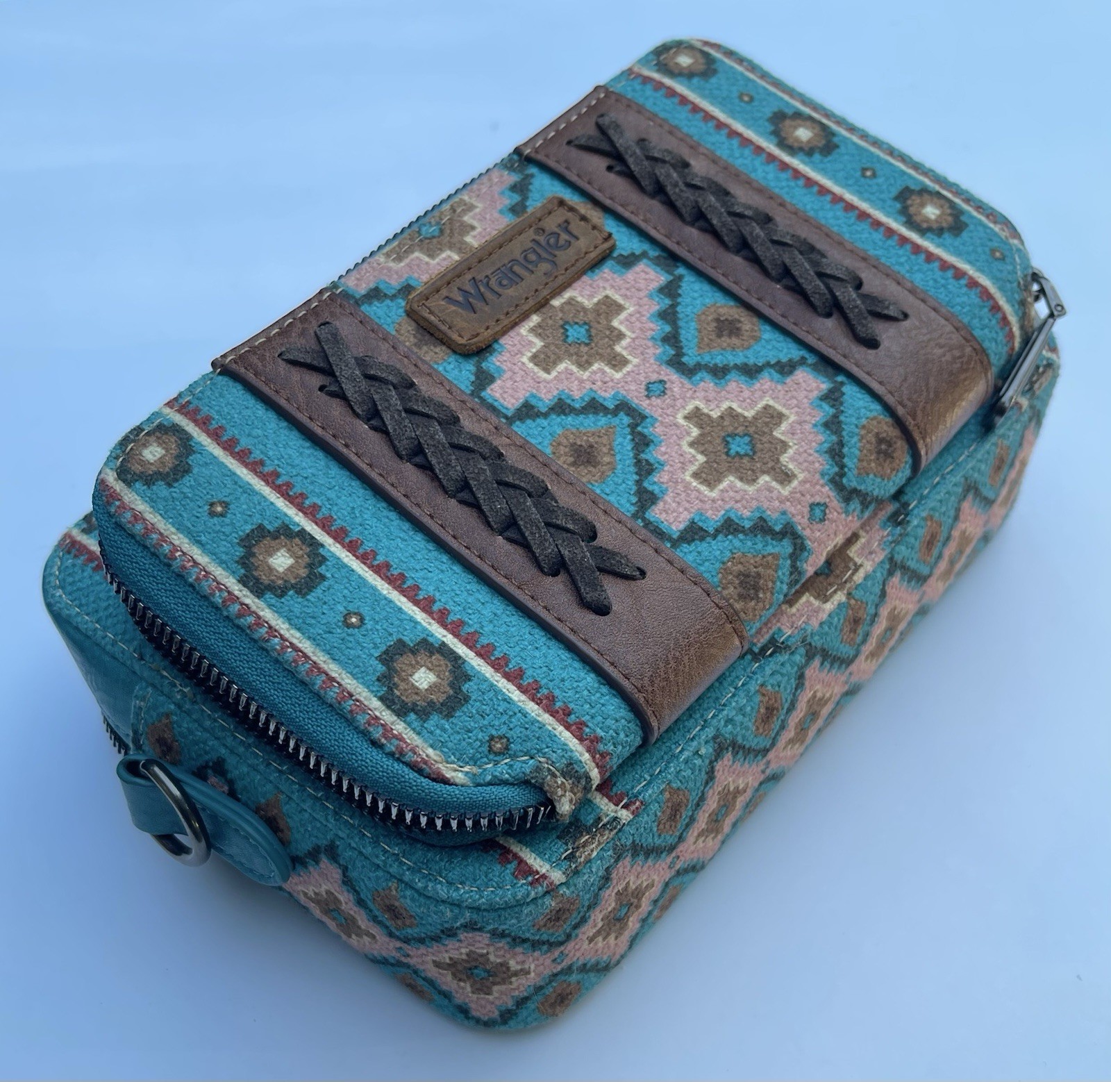 Wrangler Crossbody Bag Boho Aztec Small Multi Pocket Crossover Purse Turquoise