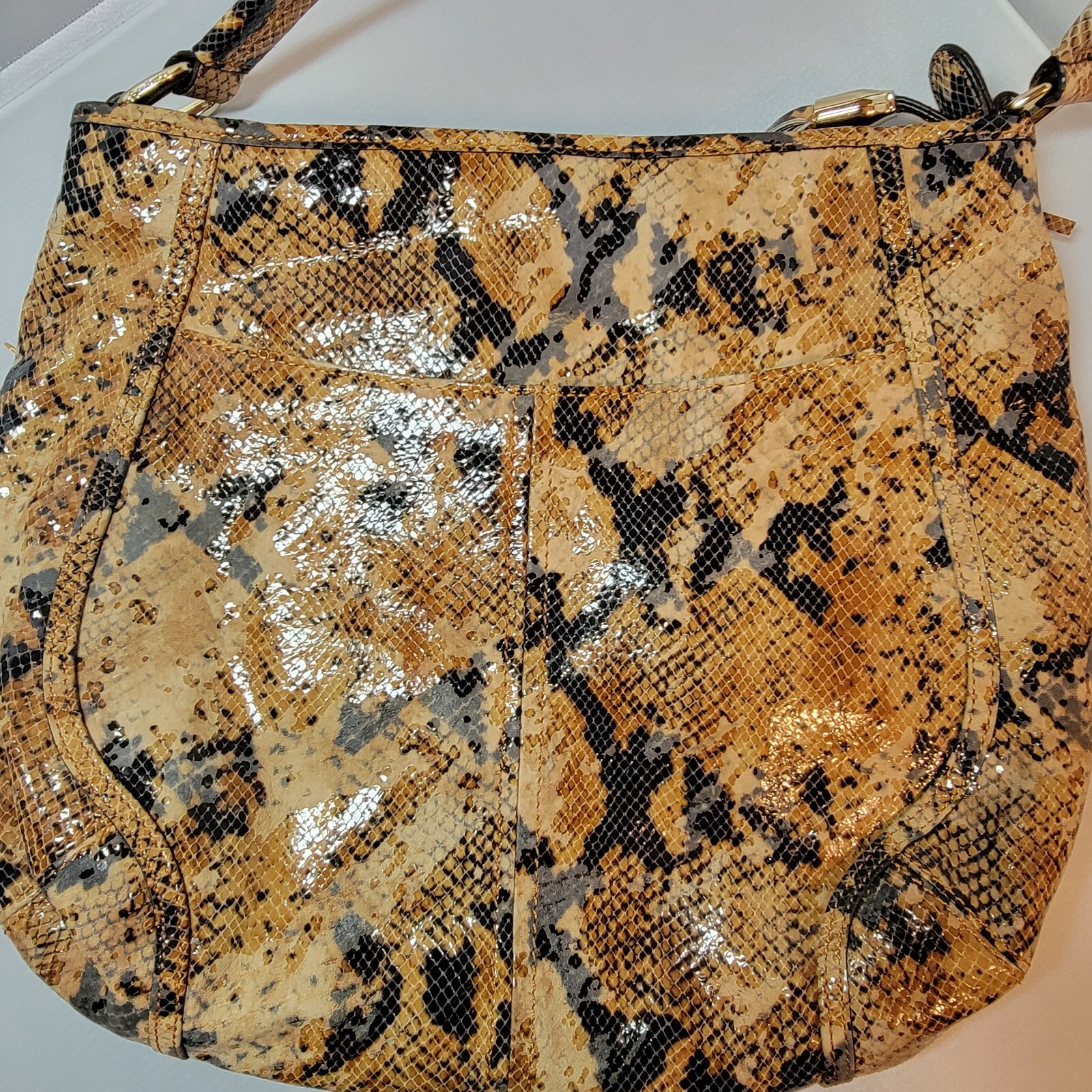 B Makowsky Brown Reptile Snake Print Large Satchel Purse Shoulder Leather