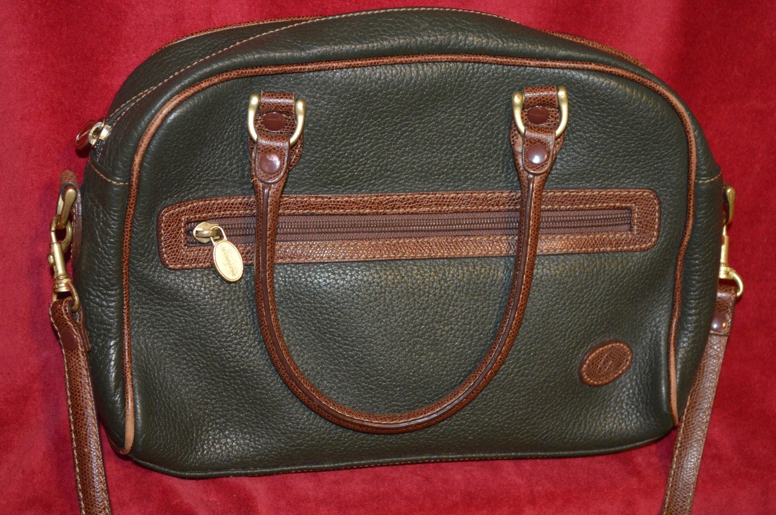 VINTAGE LIZ CLAIBORNE OLIVE GREEN BROWN PEBBLE LEATHER SATCHEL CROSSBODY