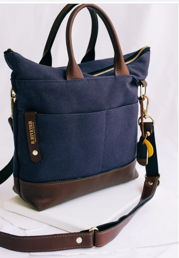 R.Riveter – Carry All Canvas Tote w/ Leather Trim & Pouch – Otto – Navy Brown