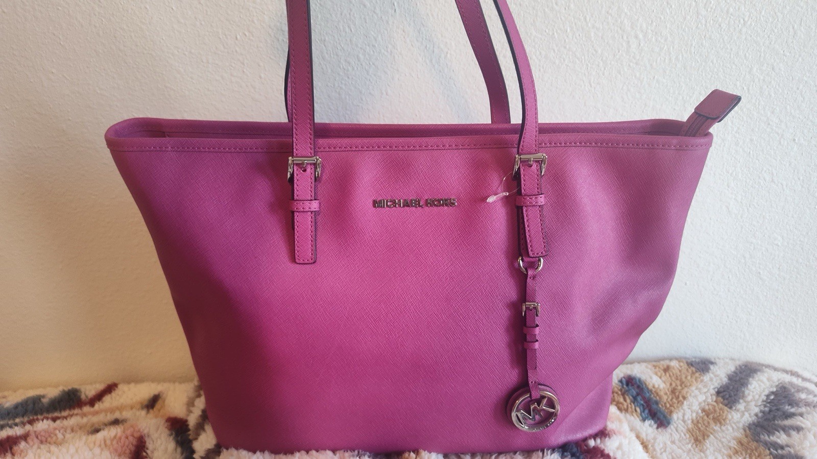 Michael Kors Large Pink Pebbled Tote Bag w/ MK Logo Charm, Silver Hardware