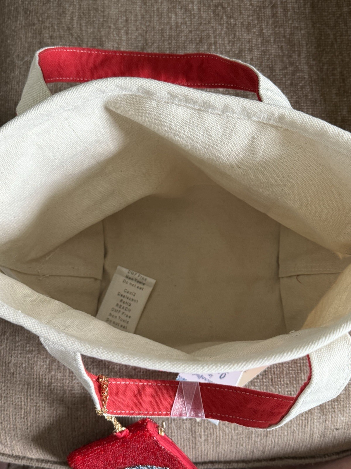 Women’s Beige Red Beaded Sailboat Tote Bag Matching Zip Pouch Lined Pockets
