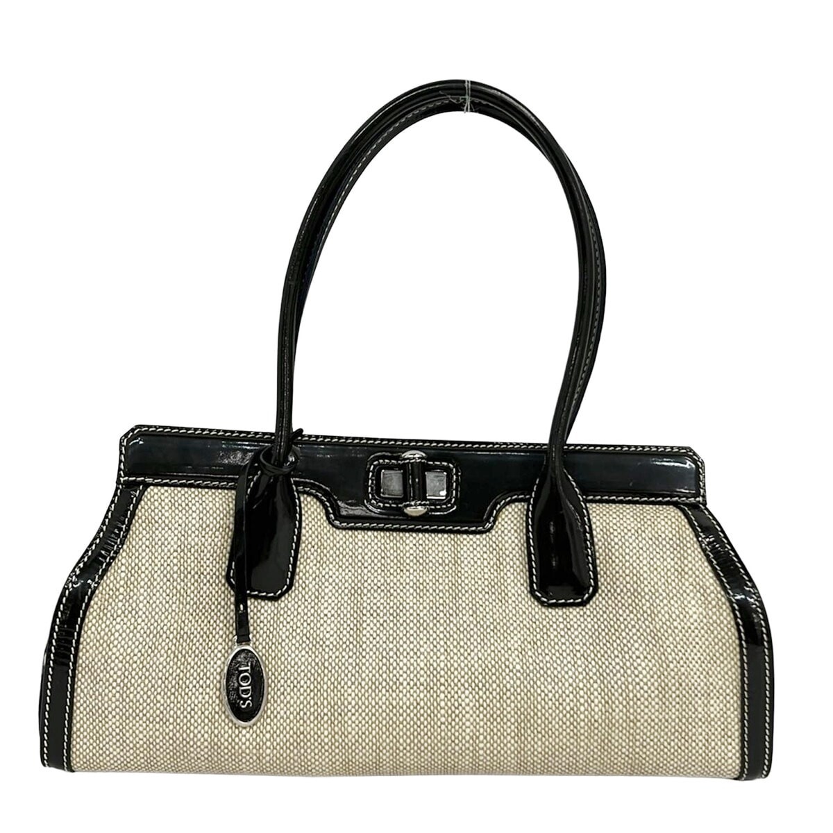 TODS Ivory Beige Black Canvas Leather Handbag Double Handles Charm 29.5cm