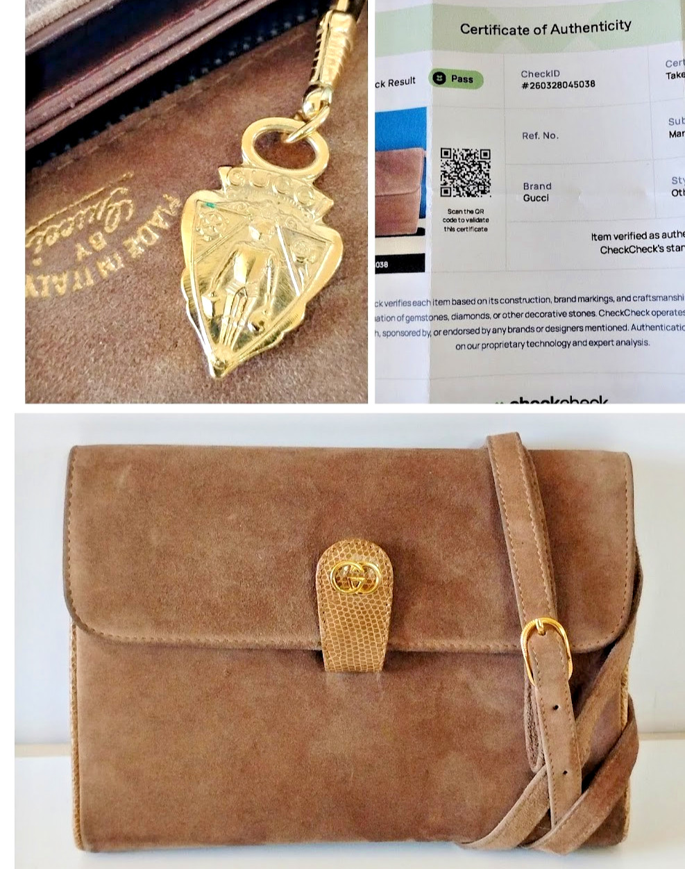 Vintage Gucci Shoulder Bag Clutch Brown Suede w/ Knight Bag Charm & Lizard Trim