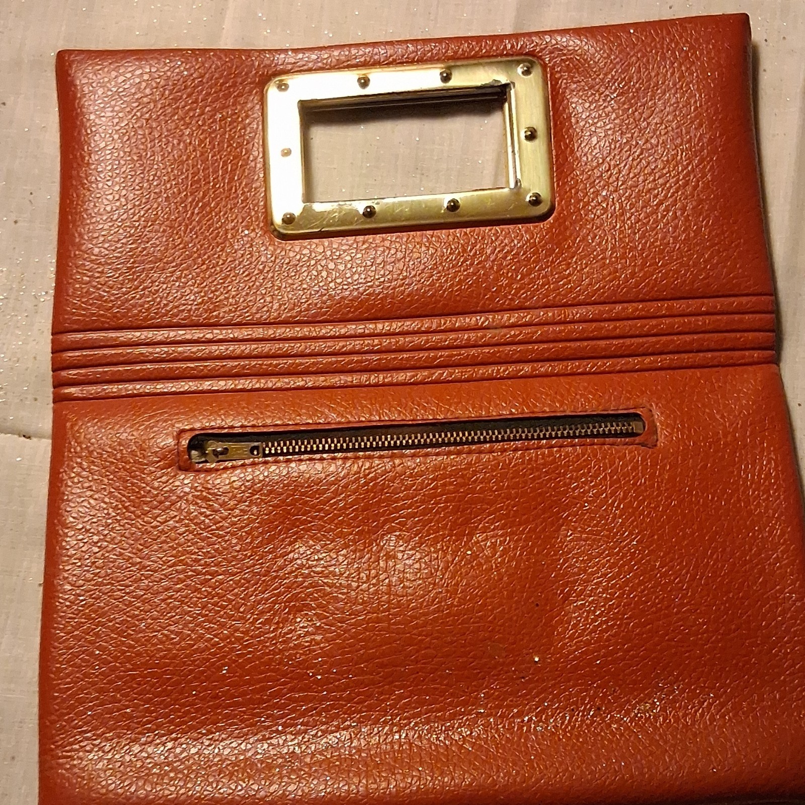 Women’s Brown Pebbled Foldover Clutch w/ Gold Hardware, Zip Pocket, Lined