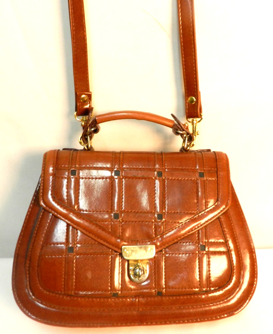 Vintage Structured Faux Leather top handle convertible shoulder bag purse brown