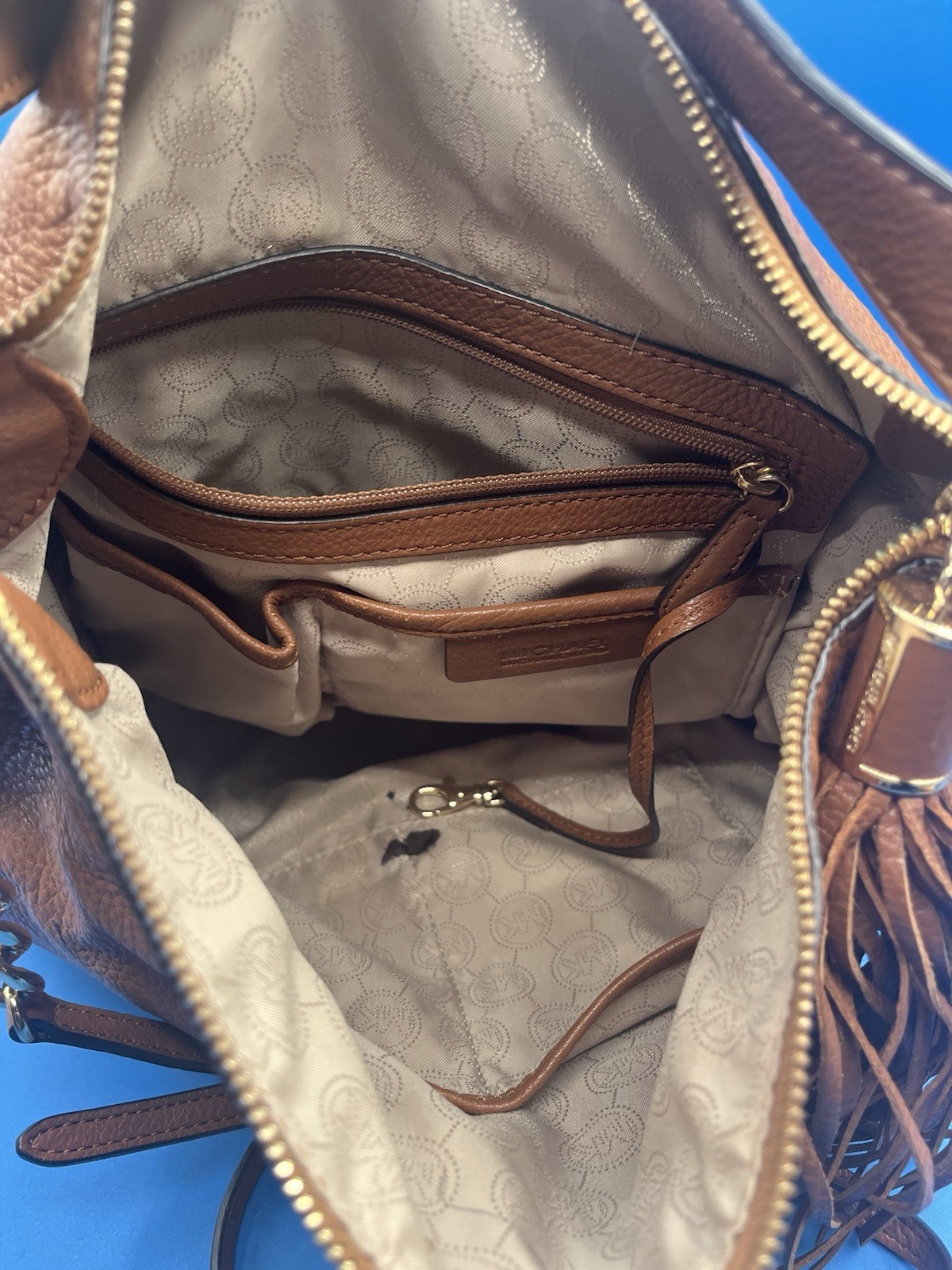 Michael Kors Weston Soft Pebbled Leather Purse Bag Gold Tone Amber Brown