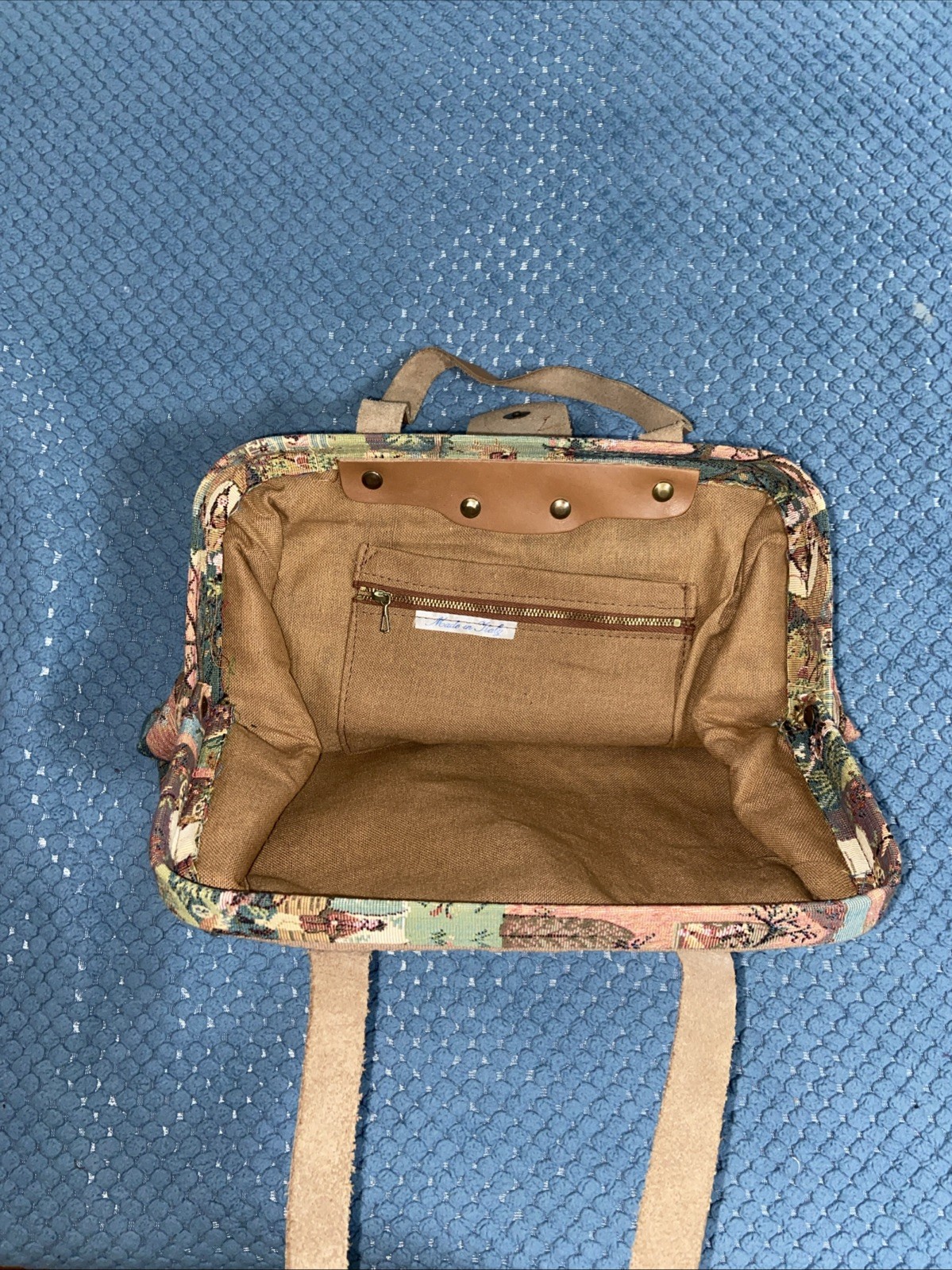 Vintage Tapestry Handbag with Leather Handles – One Of A Kind, Snap Closure.