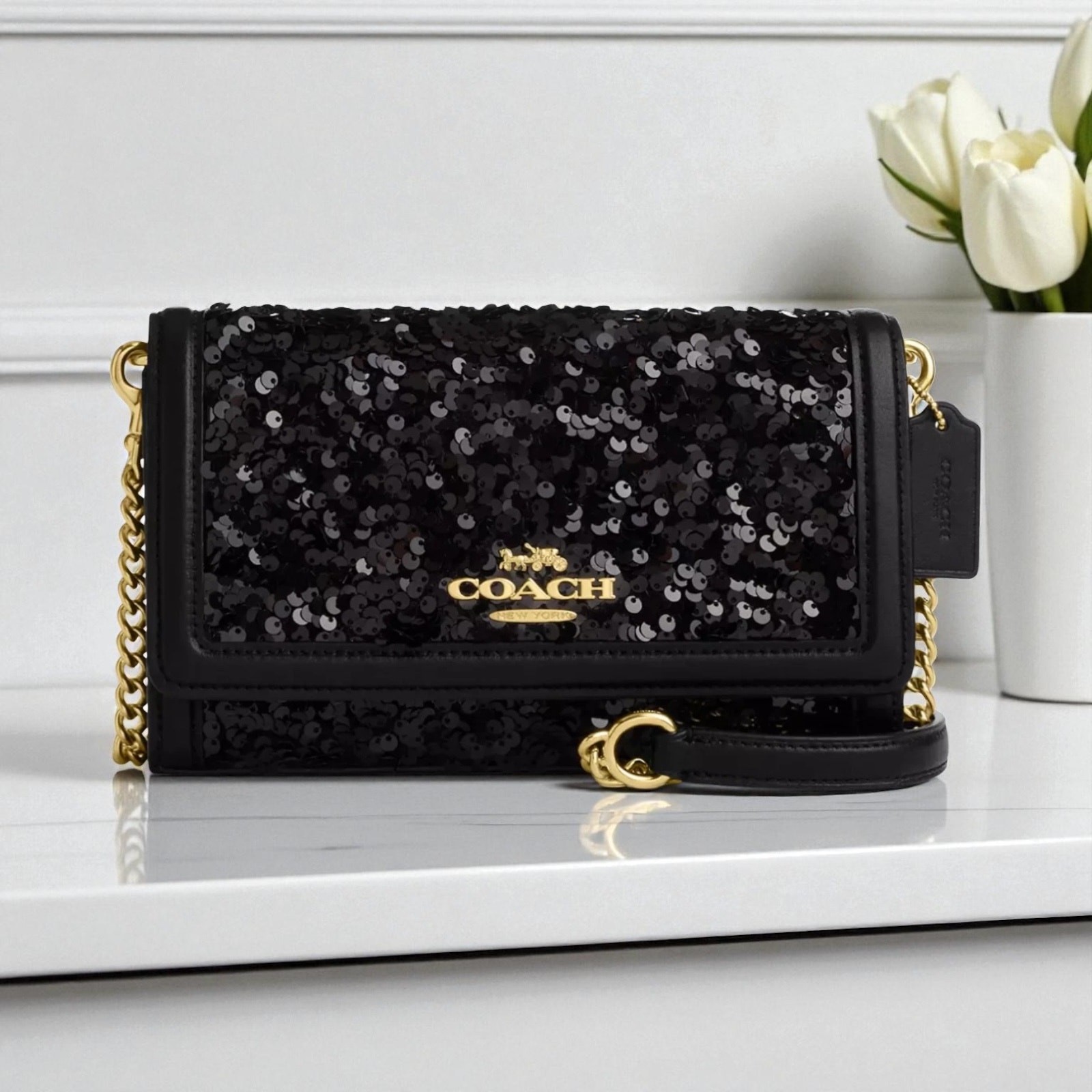 Coach Flap Clutch Crossbody in Black Sequin Glitter Leather CP188