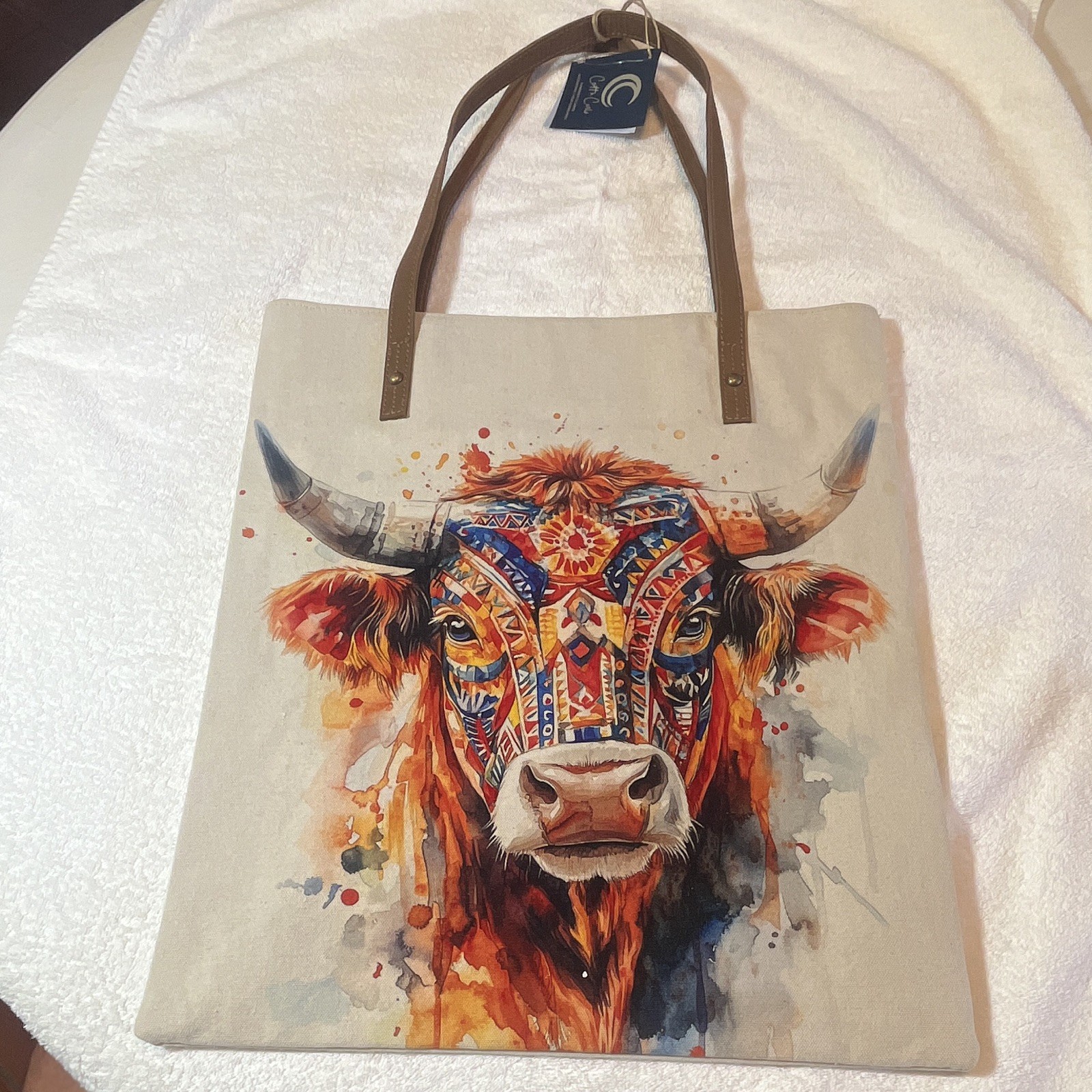 Cotta Curls Ocean of Wonders Large Tote Bag Beige Cow Print Double Handles