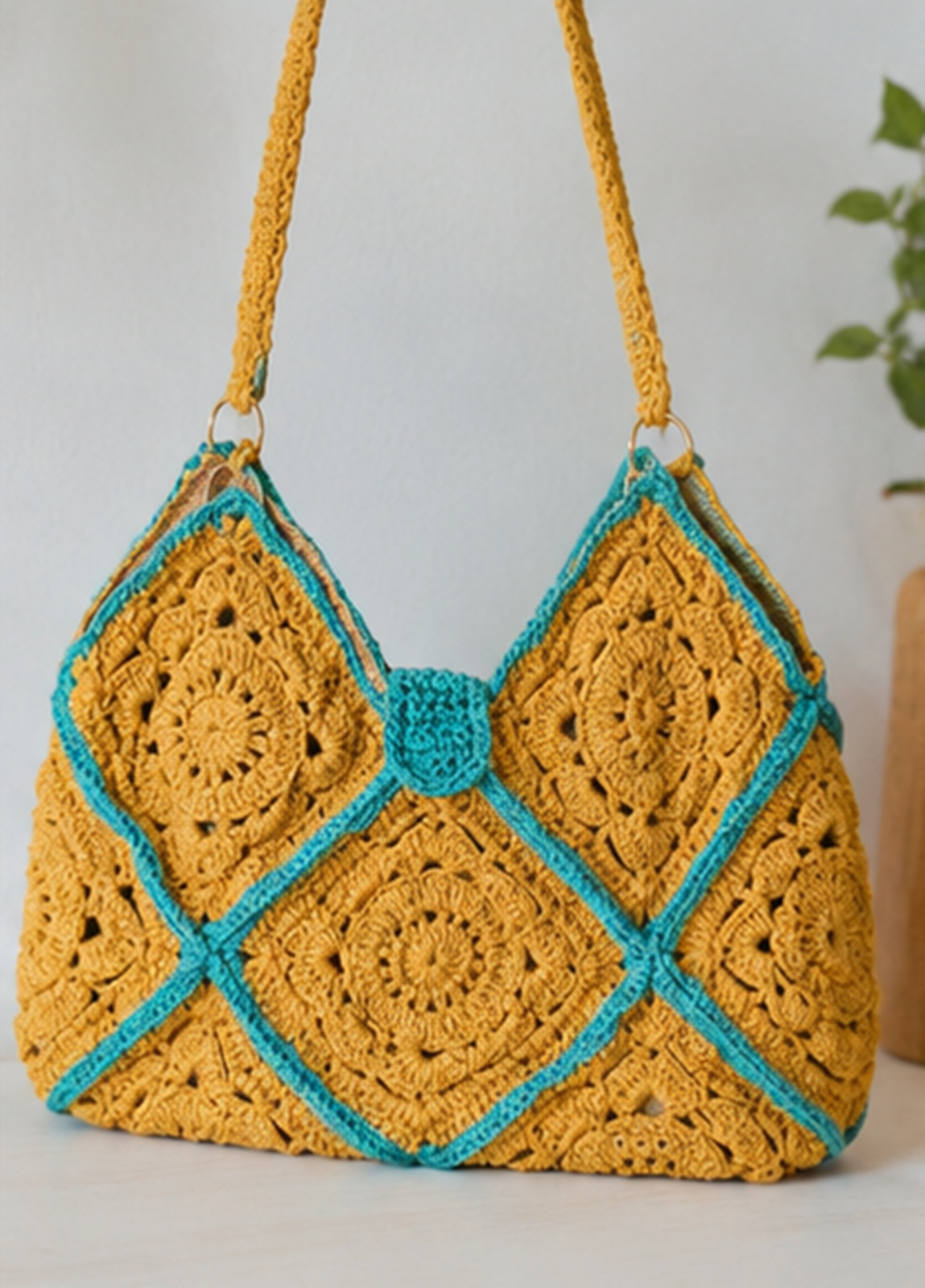 Crochet Granny Square Tote Bag, Handmade Knit Shoulder Bag with Wooden Button