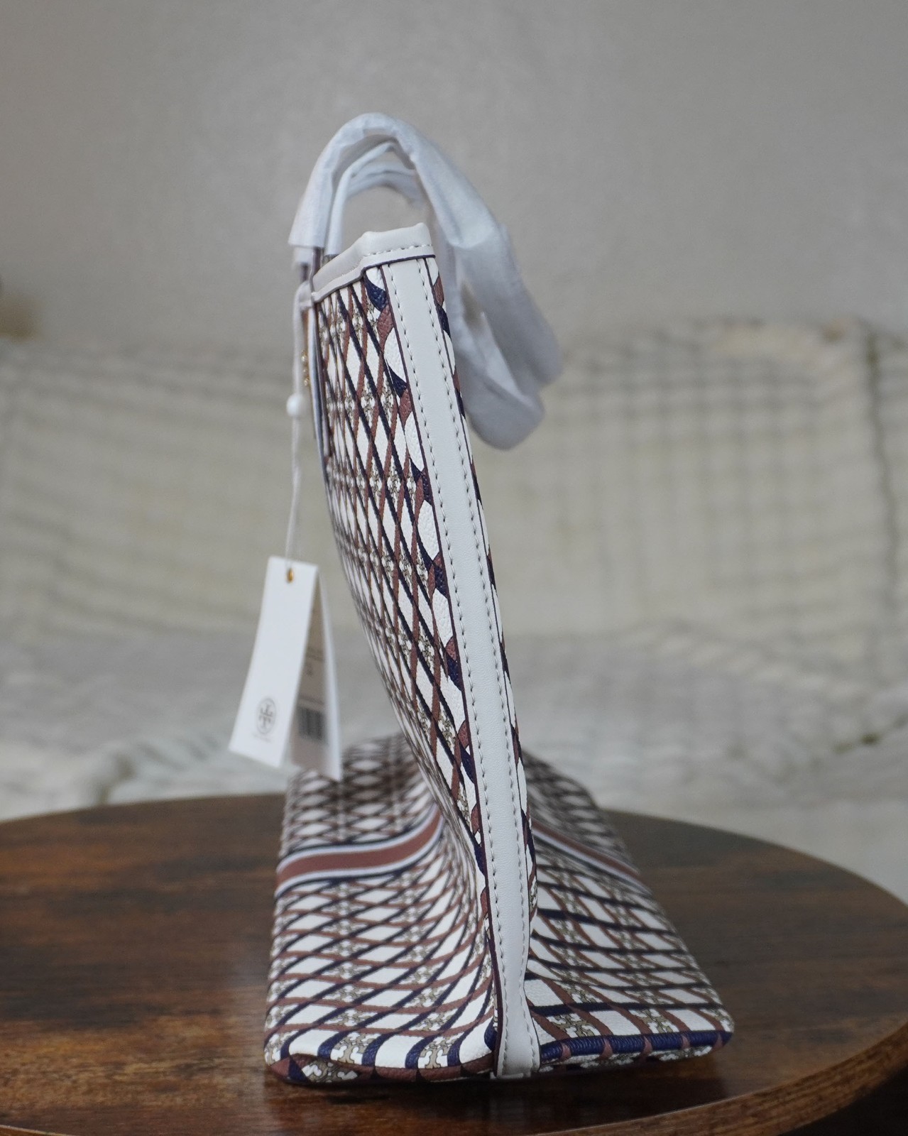 NEW Tory Burch Ella Tote Bag Large Ivory Multi Geo Logo Stripe Canvas NWT