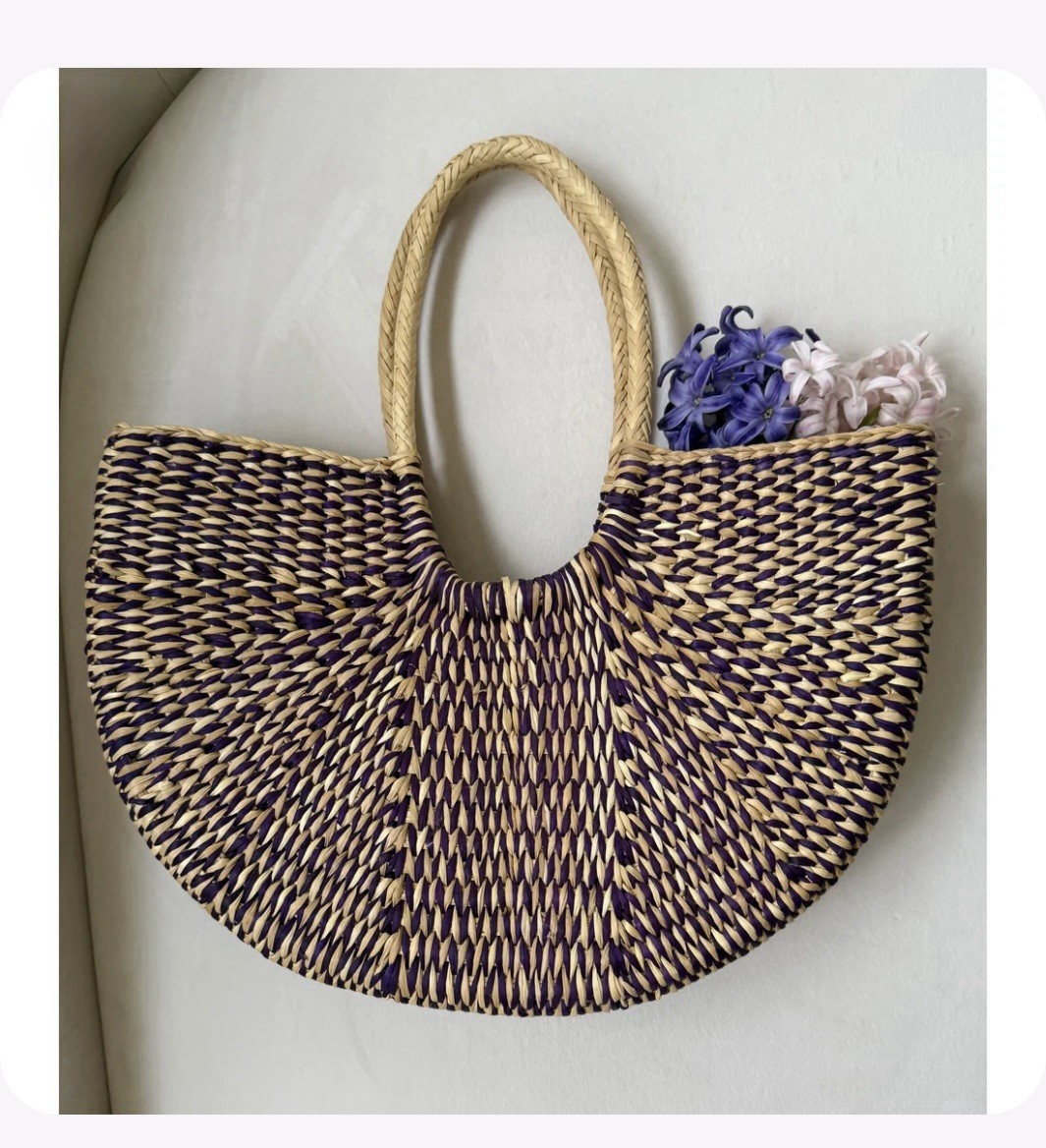 Handwoven Straw Tote Bag Purple Handmade Purse Market Tote