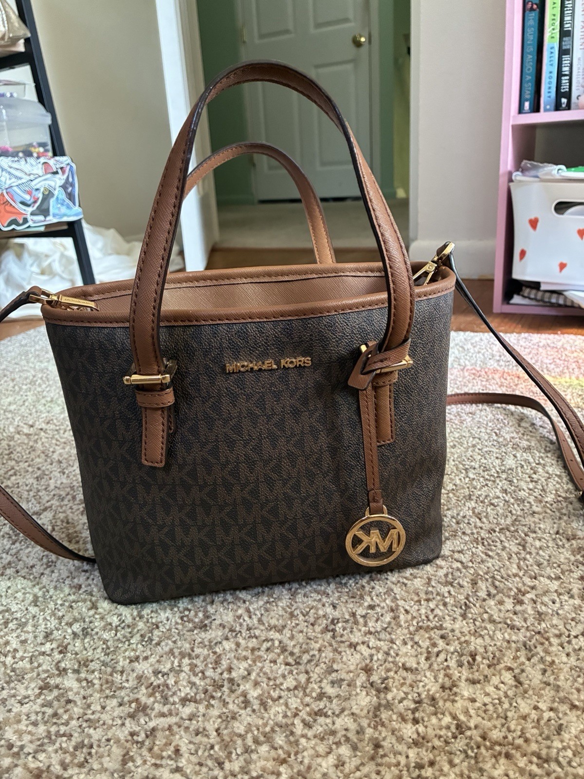 Michael Kors MK Signature Brown Small Satchel Zip Crossbody Strap Gold
