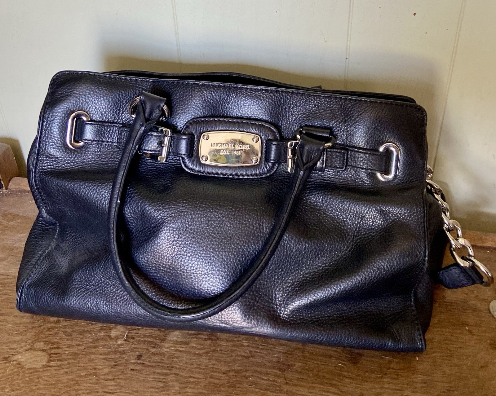 Michael Kors Hamilton Satchel Silver Hardware Black Leather