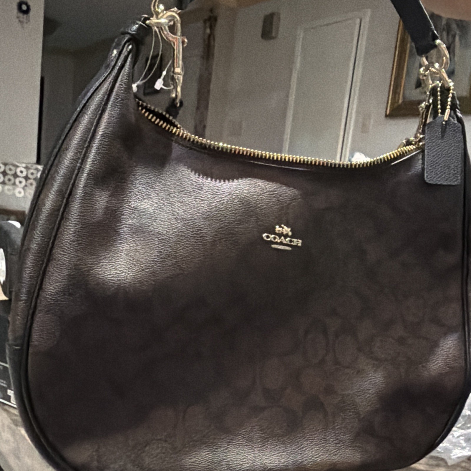Coach Black Signature Logo Hobo Bag Medium Zip Gold Hardware Detachable Strap