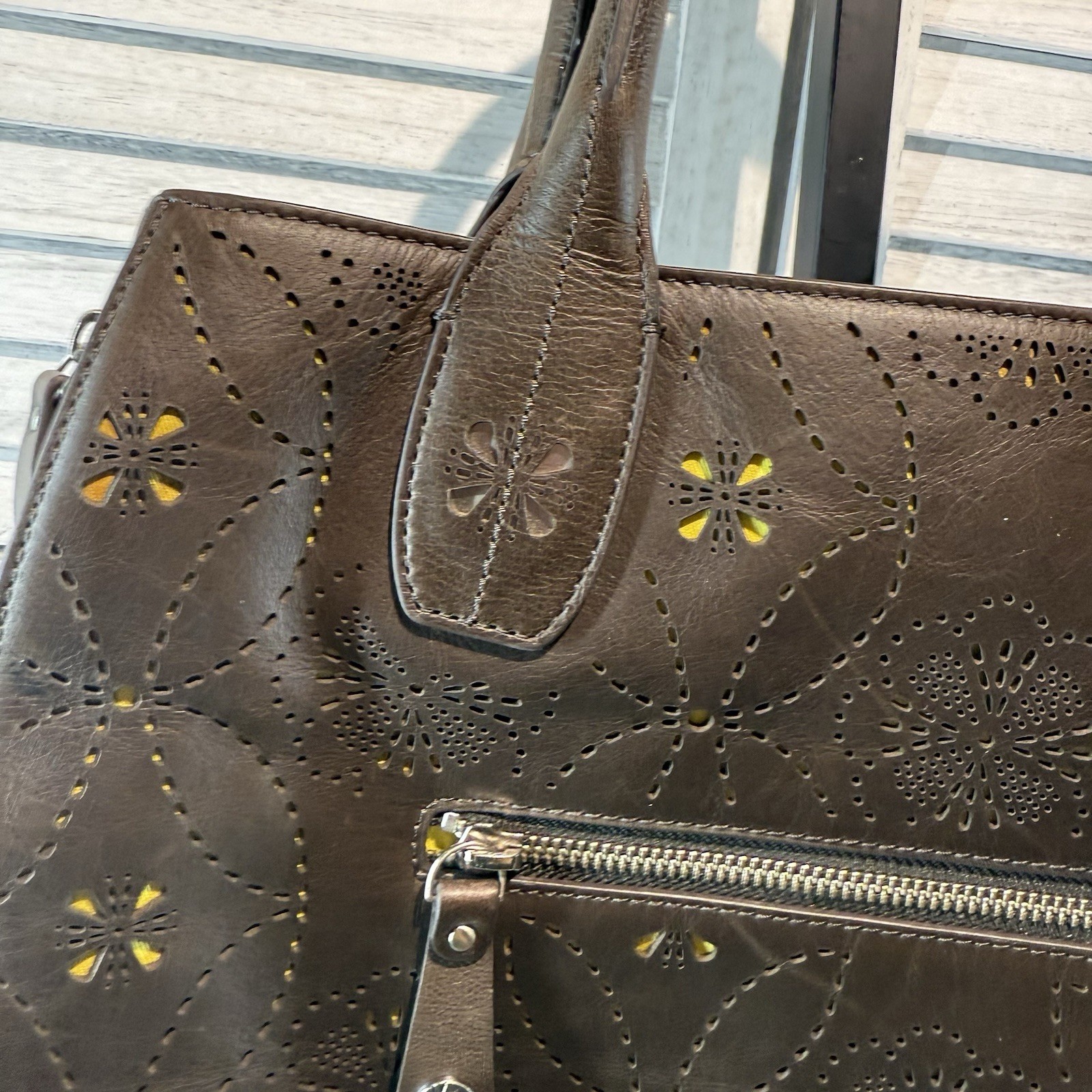 Petunia Pickle Bottom Brown Leather And Sepia Tote Handbag Purse Cutout Floral