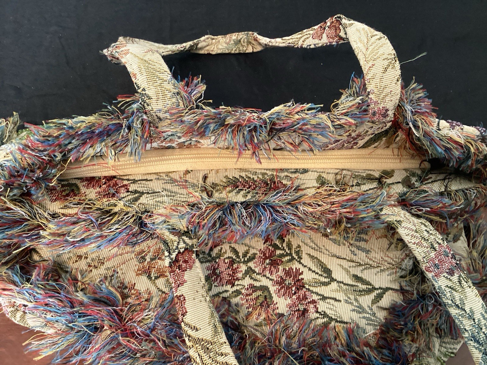 Floral & Beaded TAPESTRY PURSE Colorful Fringe Double Straps Made In India NEW