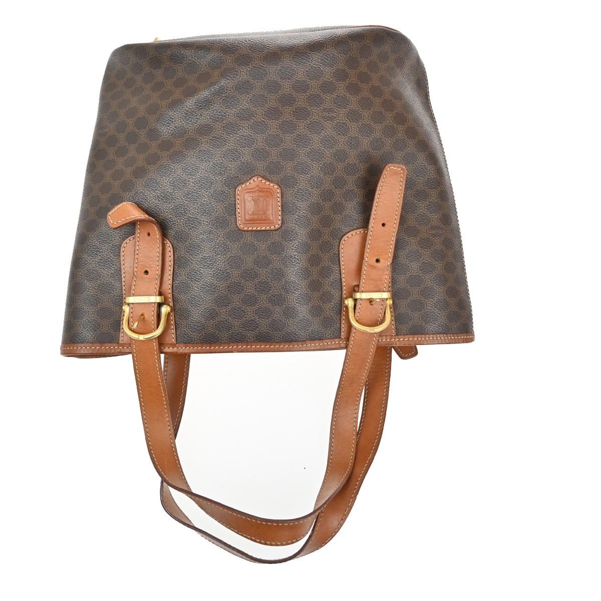 CELINE Logo Macadam Pattern Shoulder Tote Bag PVC Leather Brown GHW 33KC141