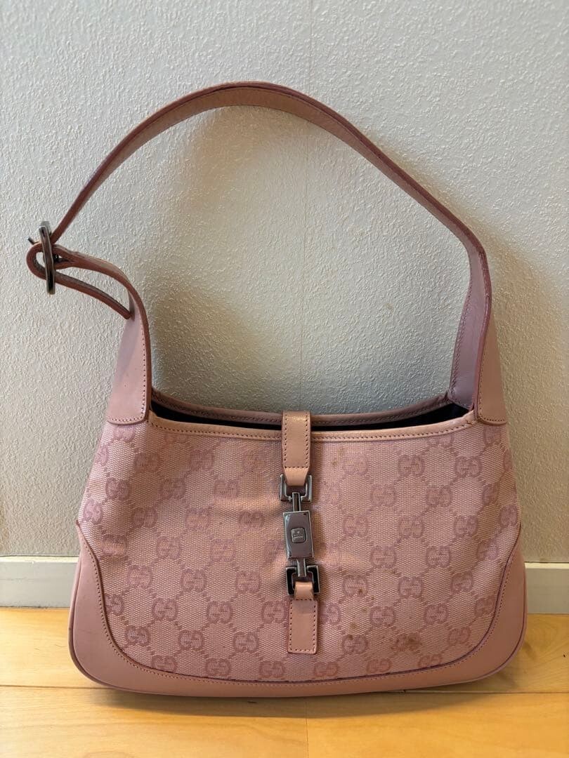Gucci Pink GG Canvas Leather Shoulder Bag Jackie 0013735 Silver Auth