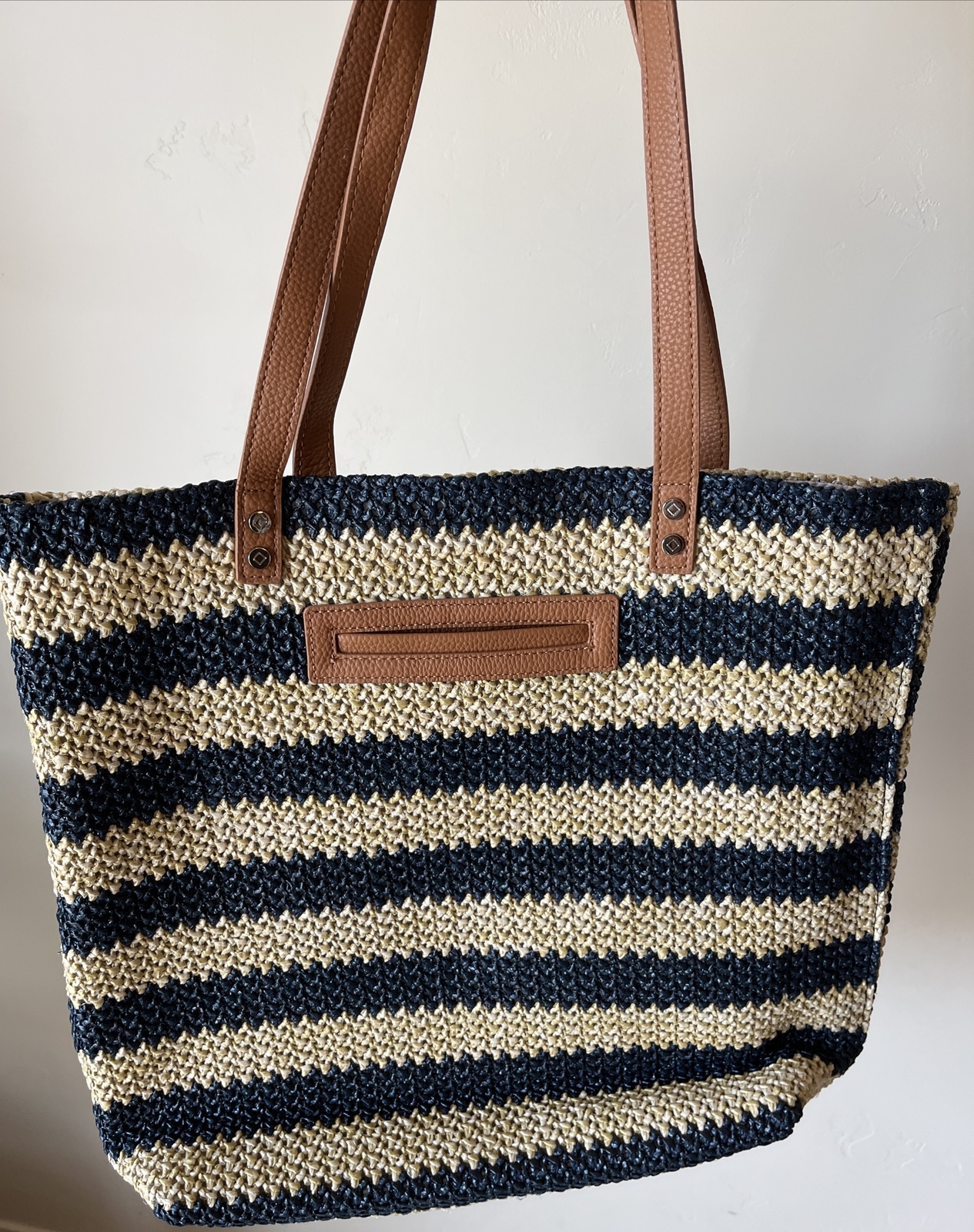 Jewell Thirty One Tote Bag Around Town Navy Stripe Straw Bag Coastal